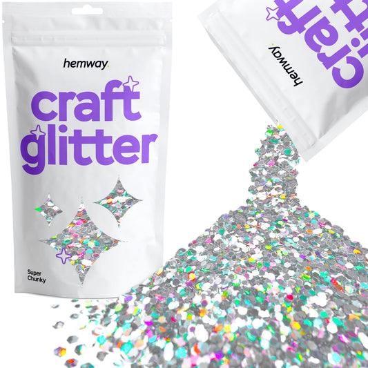 Hemway Craft Glitter 100g / 3.5oz Glitter Flakes for Arts Crafts Tumblers Resin Epoxy Scrapbook Glass Schools Paper Halloween Decorations - Super Chunky (1/8" 0.125" 3mm) - Silver Holographic