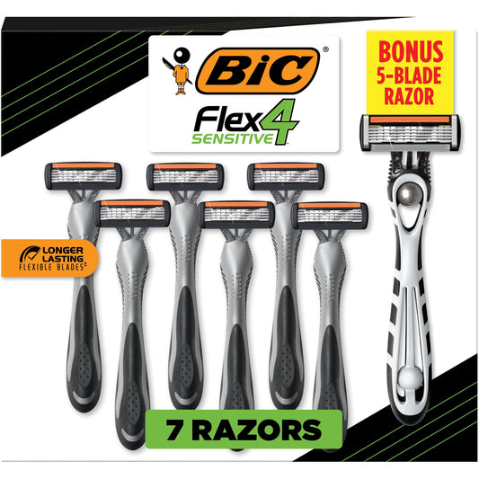 BIC Flex 4 Sensitive Titanium Men's Disposable Razors With 4 Blades with Bonus BIC Flex 5 Disposable Razor, 8 Razors Total