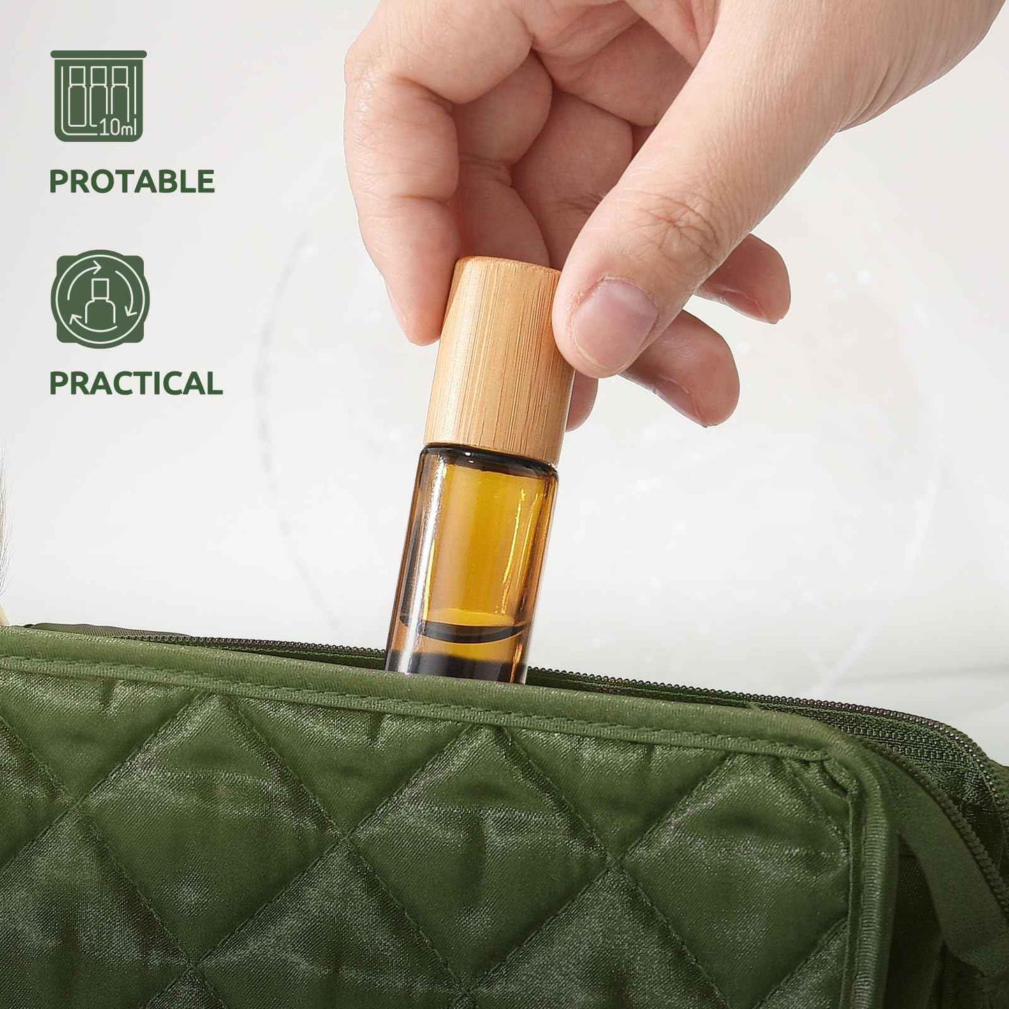 bofessor 4 Pack Essential Oil Roller Bottles, 10ml Amber Glass Rollerballs with Bamboo Plastic Caps - Empty Refillable Travel Roll-On Containers for Perfume & Essential Oils
