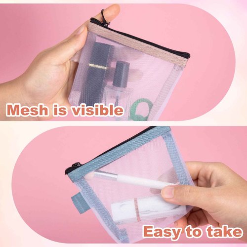 BEIQIYA 3pcs Mini Mesh Bag with Zipper, Small Clear Nylon Makeup Bags, Portable Travel Cosmetic Pouch Purse for Lipstick Coin Keys Cards- Blue & Pink & Green