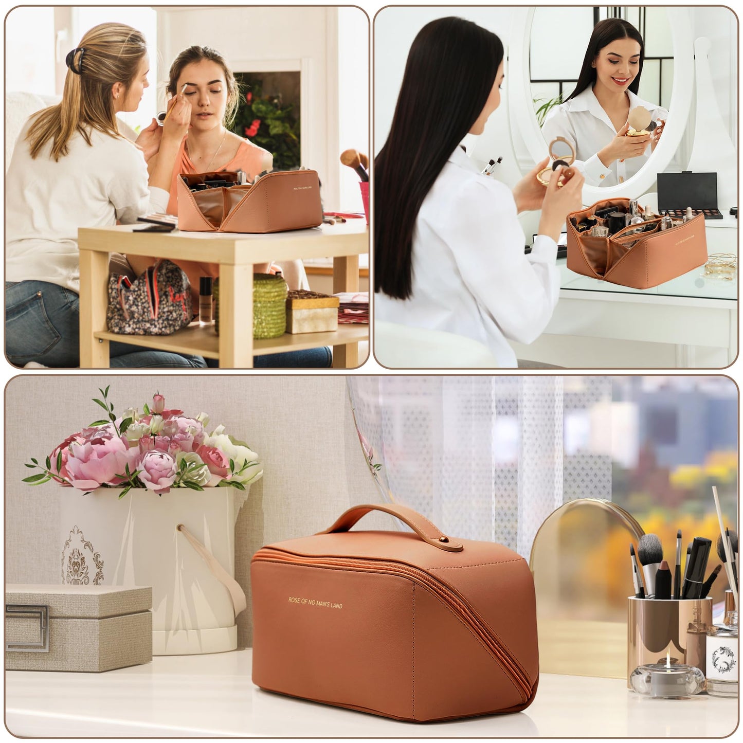 TUYSKE Travel Makeup Bag Large Capacity Cosmetic Bags Waterproof Toiletry Bag for Women Lay Flat PU Leather Makeup Bag with Divider and Handle Makeup Organizer Bag Cosmetic Pouch Brown