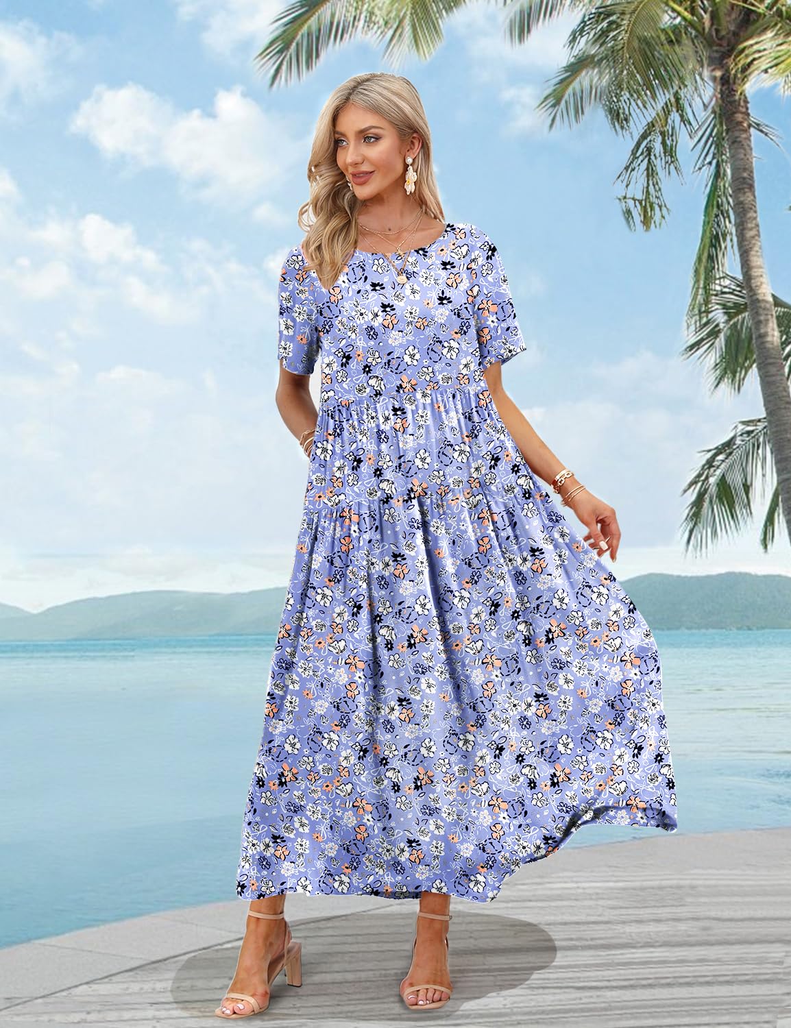 YESNO Women Casual Loose Bohemian Floral Dress with Pockets Short Sleeve Long Maxi Summer Beach Swing Dress S EJF CR347