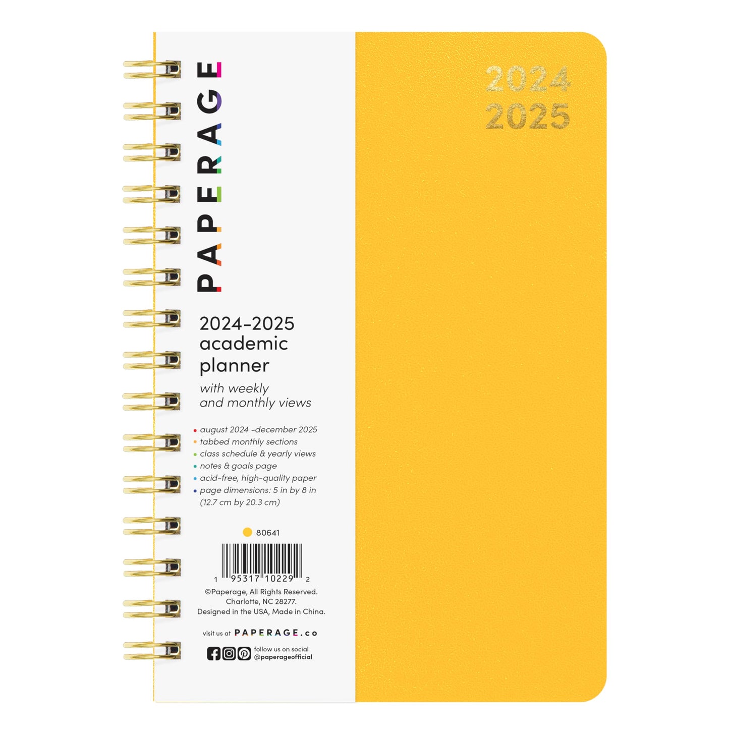 PAPERAGE 17 Month Academic Planner 2024-2025, Weekly & Monthly Spreads, August 2024 - December 2025, Small (5 in x 8 in), Mustard Yellow