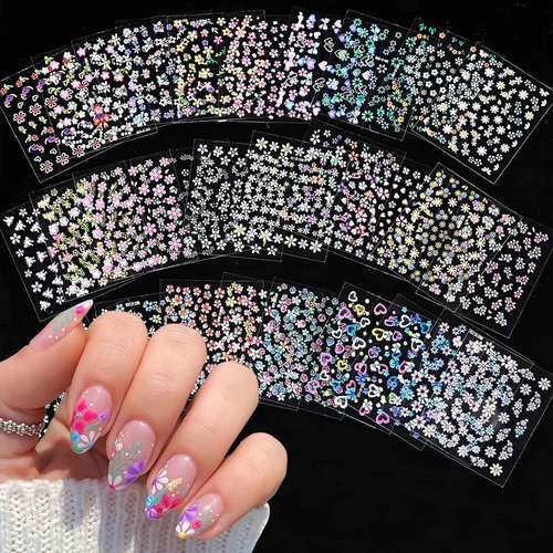 CHANGAR 30 Sheets Flower Nail Art Stickers 3D Self-Adhesive Colorful Floral Nail Decals Cute Design Nail Supplies for Kids Girls Women Manicure DIY