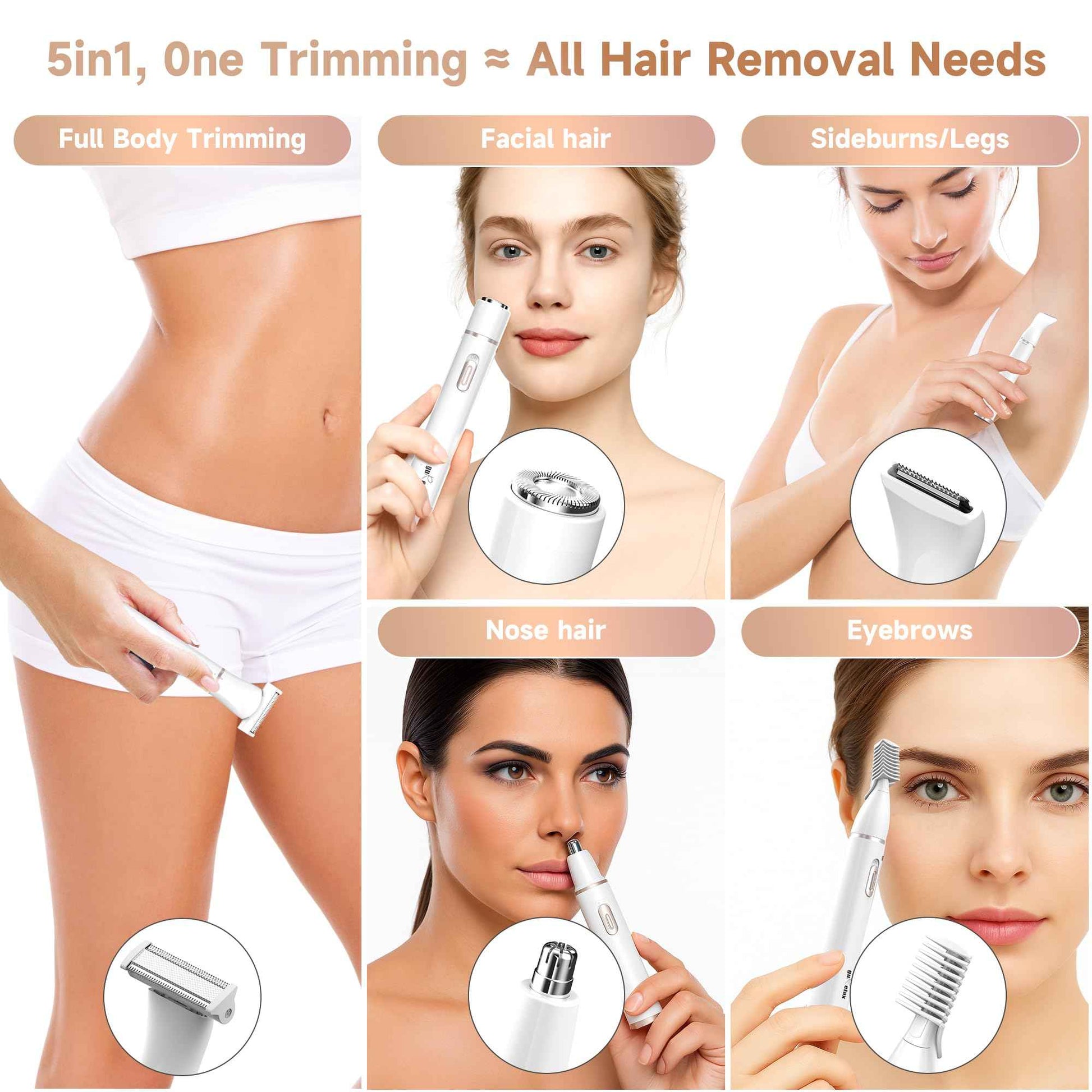 Gurelax Electric Body Hair Trimmer - Groin Trimmer for Men - Bikini Trimmer Women - 5-in-1 Lady Shaver Groomer, IPX7 Waterproof Razor Heads&USB Recharge with Travel Bag