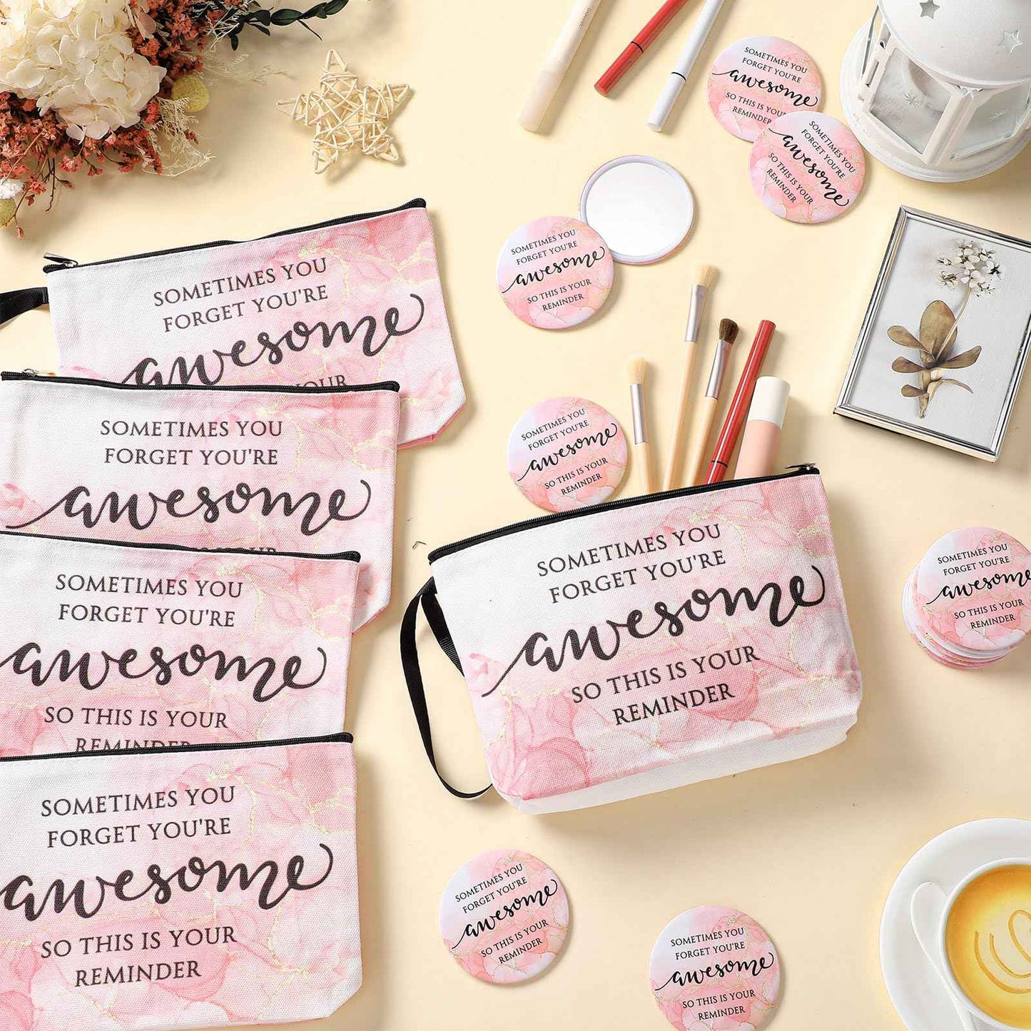 Beeveer 15 Sets Pink Thank You Gifts for Women, Makeup Bags and Compact Mirrors, Christmas Inspirational Gifts for Teacher Employee, Sometimes You Forget You're Awesome Set for Holiday, Thanksgiving