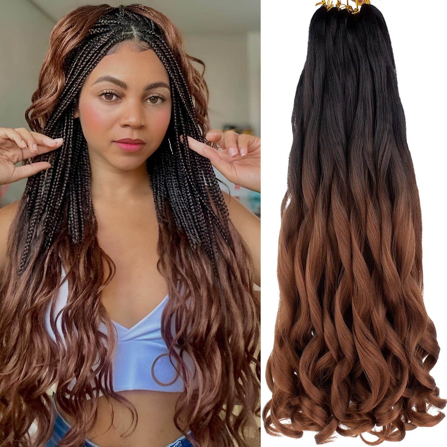 COOKOO 9 PCS Pre Stretched French Curly Braiding Hair 18 Inch Ombre Brown Braiding Hair for Women Bouncy French Curl Hair Spanish Curls Synthetic Braiding Hair Extensions 1B/30#