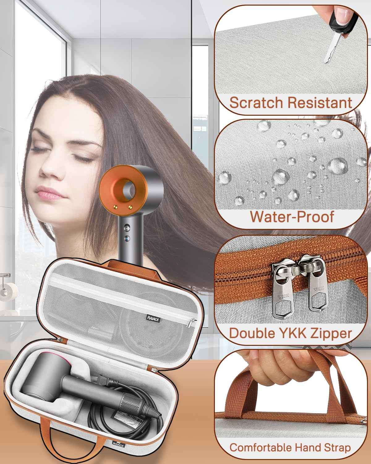 RAIACE Hard Storage Case Compatible with dyson Hair Dryer, Travel Carrying Bag. (for sale is case only). - Gray(Gray Lining)