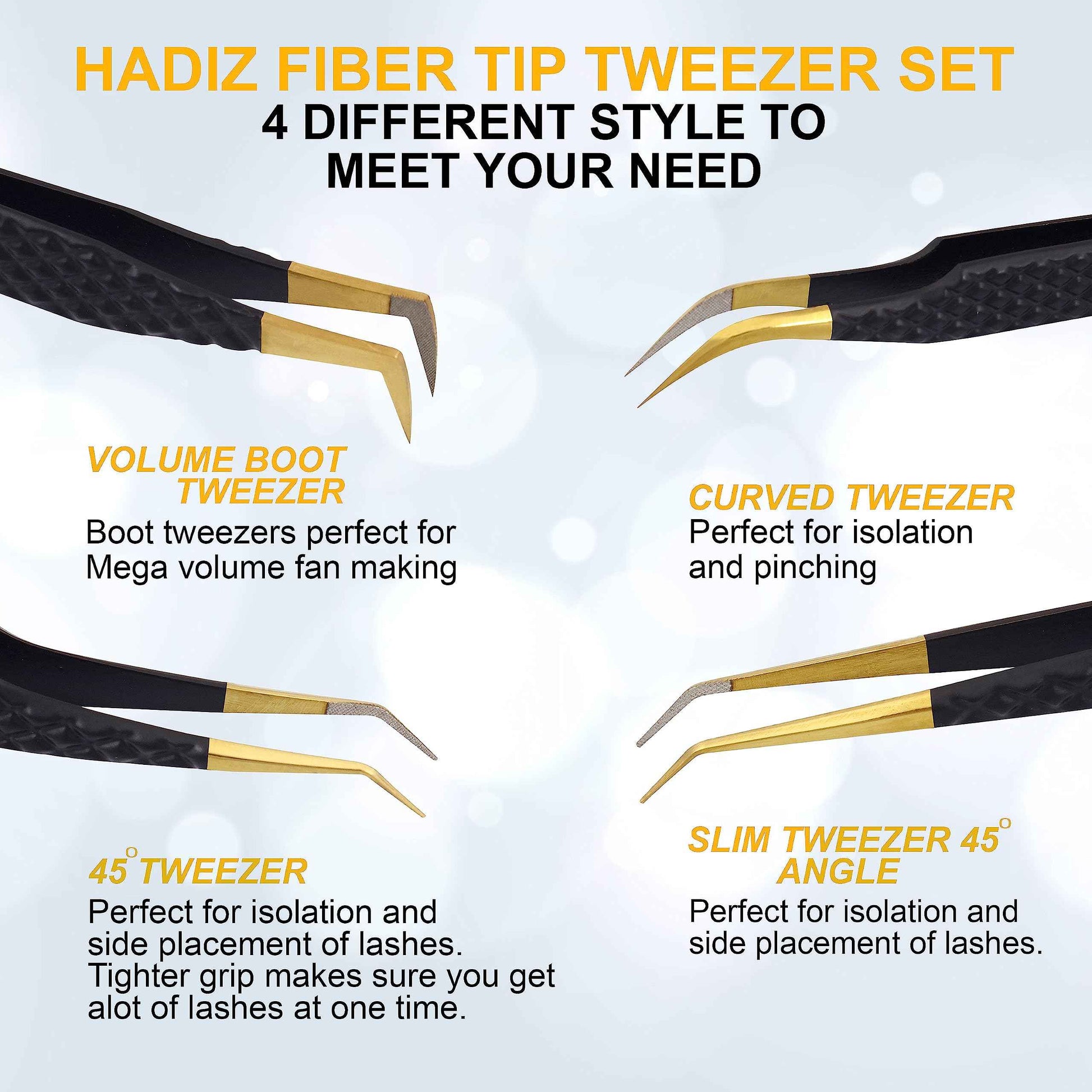 HADIZ Set of 4 Fiber Tip Diamond Grip Eyelash Extensions Tweezers Japanese Stainless Steel Lash Tweezer(Black)