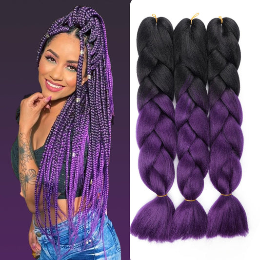 Black to Dark Purple Braiding Hair Extensions Ombre Braiding Hair 3 Packs 24 inch Synthetic Hair for Braiding