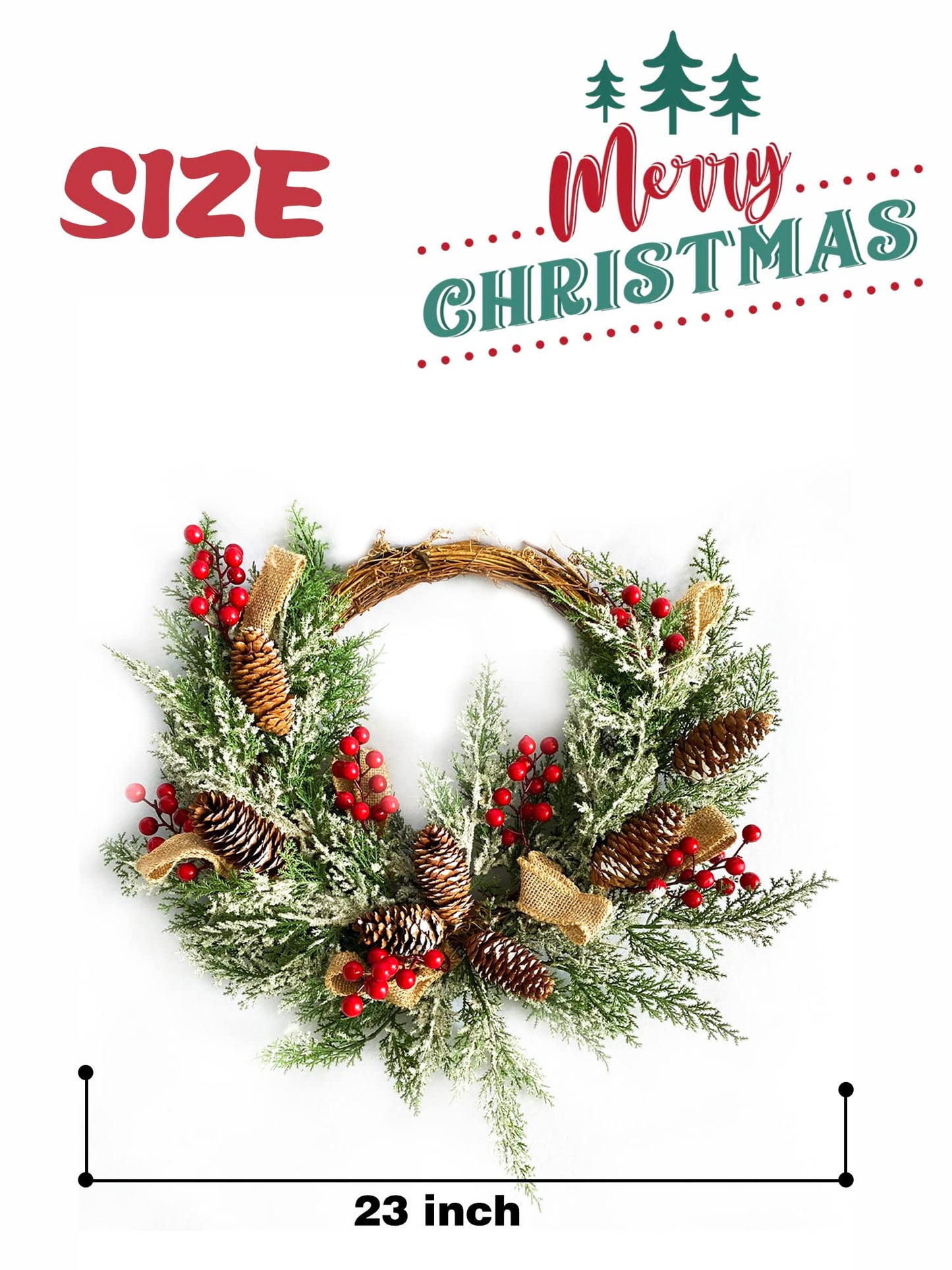 Christmas Artificial Wreath for Front Door, Outdoor Christmas Wreath Flocked with Mixed Decorations, Holiday Greenery Wreath with Pinecones, Red Berries, and Snowflake, 23 inches