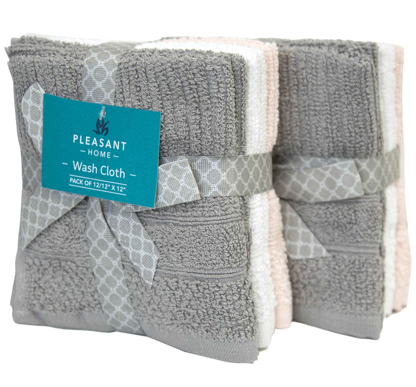 PH Pleasant Home Ribbed Wash Cloths Set - 12 Pack (12” x 12”) – 509 GSM - 100% Ring Spun Cotton Wash Cloth - Super Soft and Highly Absorbent Face Towels (Light Grey, White & Pink)