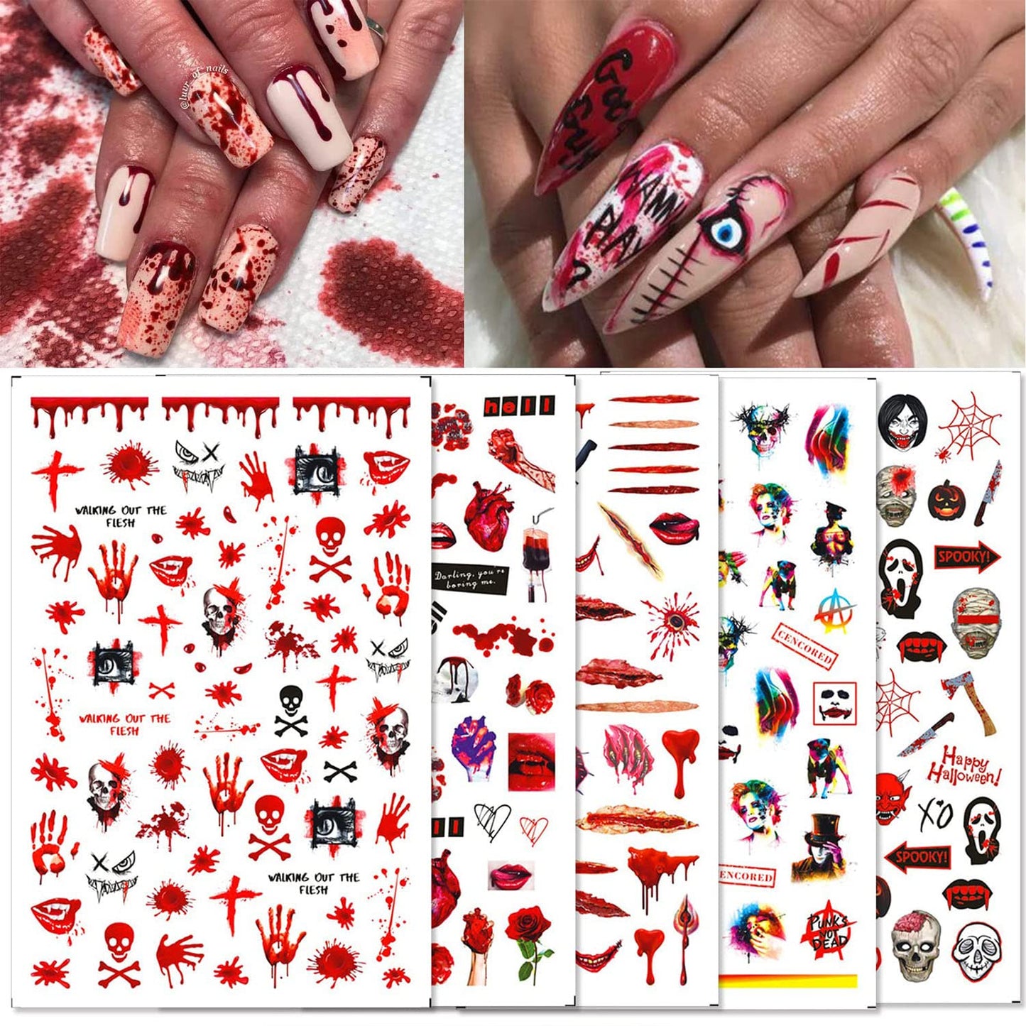 12 Sheets Halloween Nail Art Stickers 3D Self-Adhesive Nail Decals Skull Witch Ghost Horror Mouth Wound Scar Bloody Nail Designs Sticker for Women Girls Kids Halloween Party Supplies