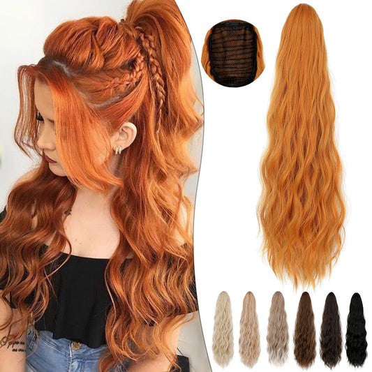 Fanguilar Ponytail Extension 24 Inch Long Curly Wavy Drawstring Ponytail Extension Synthetic Hair Extensions Ponytail for Women Daily Use Copper