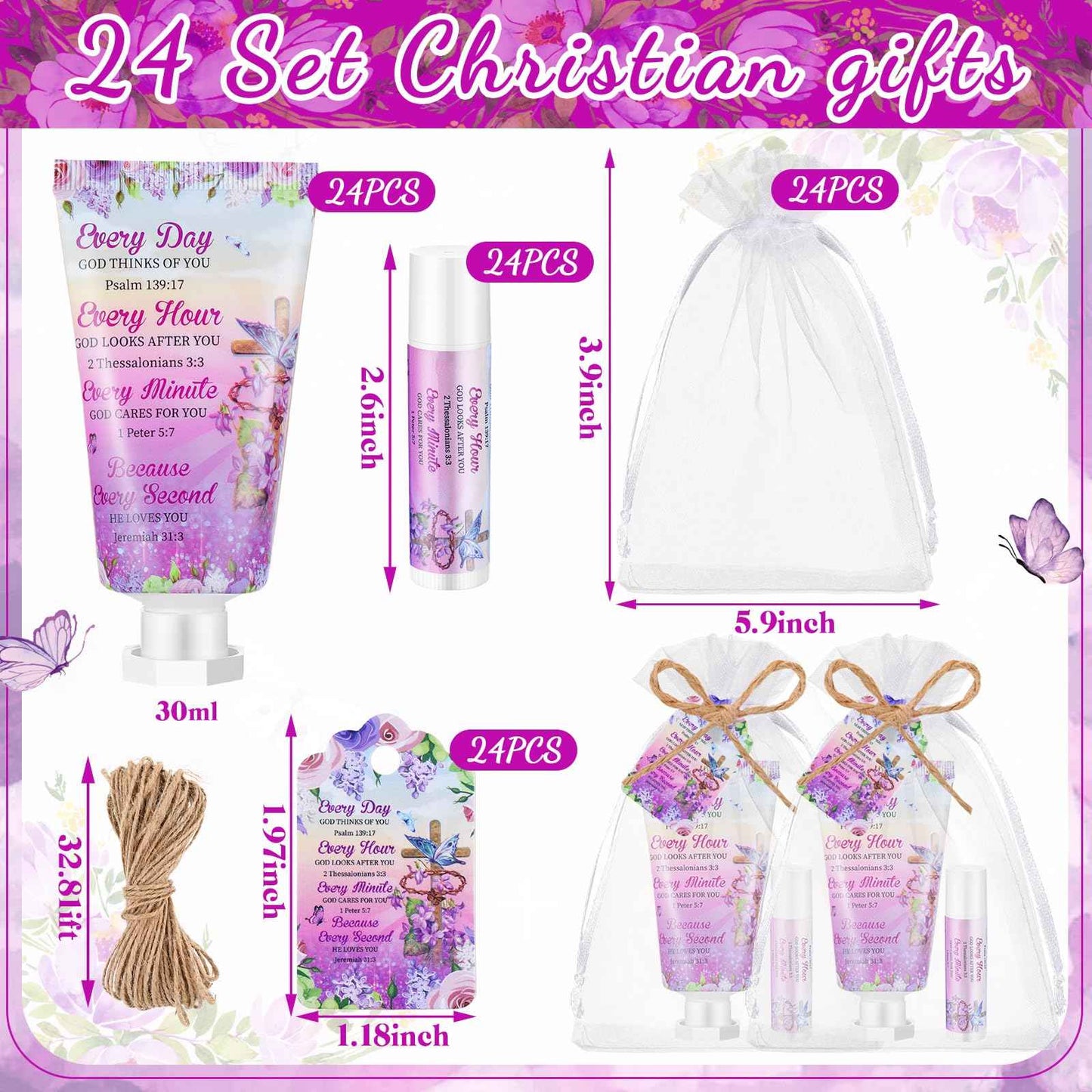 Swiffen 24 Sets Christian Hand Cream and Lip Balm Gift Set Christmas Christian Gift for Women Travel Size Hand Lotion Bible Verse Lip Balm Bulk for Baby Bridal Shower Mom Holiday Gift(Cross)