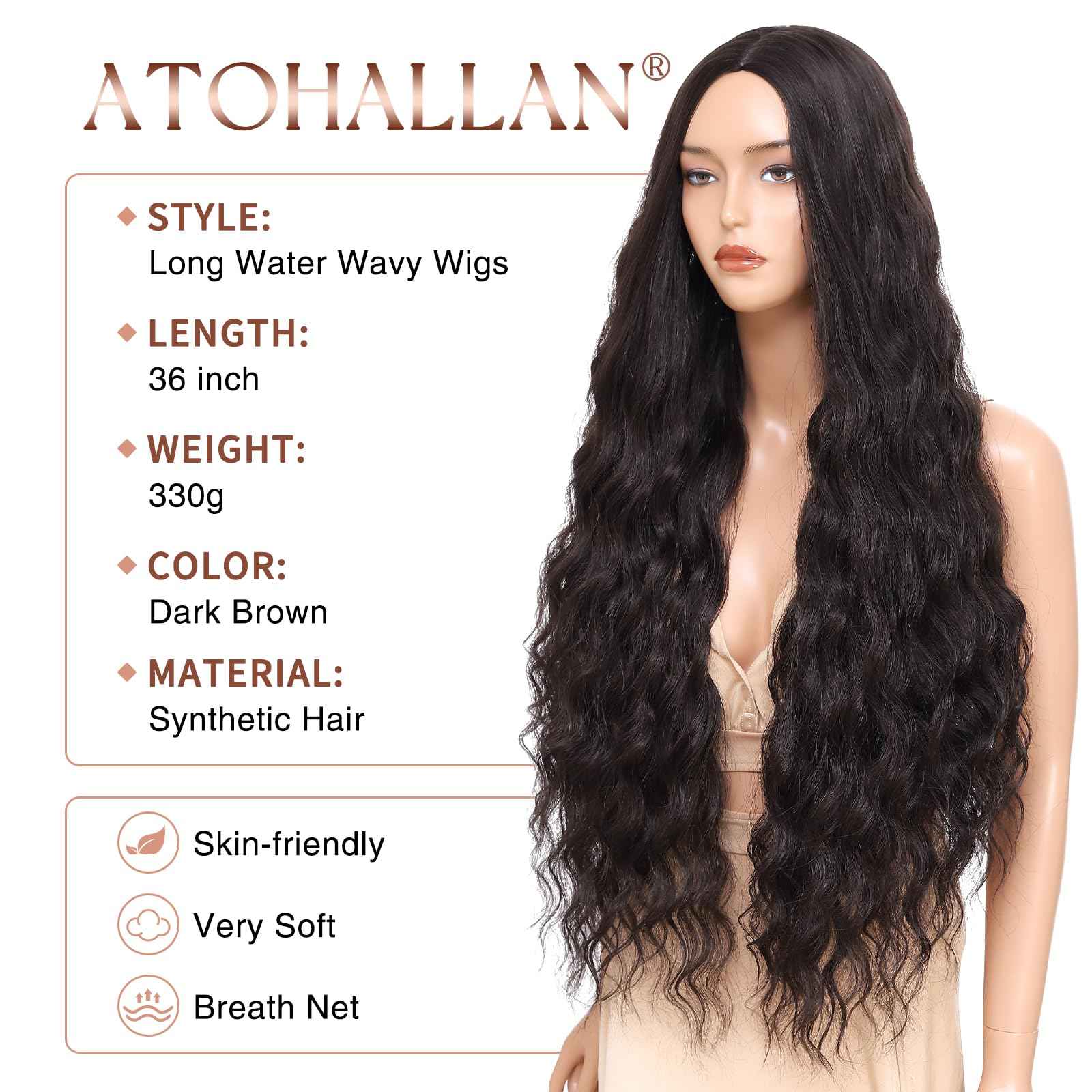 Atohallan Long Dark Brown Wig for Women 36 inch Super Long Water Wavy Wigs Heat Resistant Synthetic Soft Wavy Fluffy Curly Wig for Daily Party Use Halloween Wig