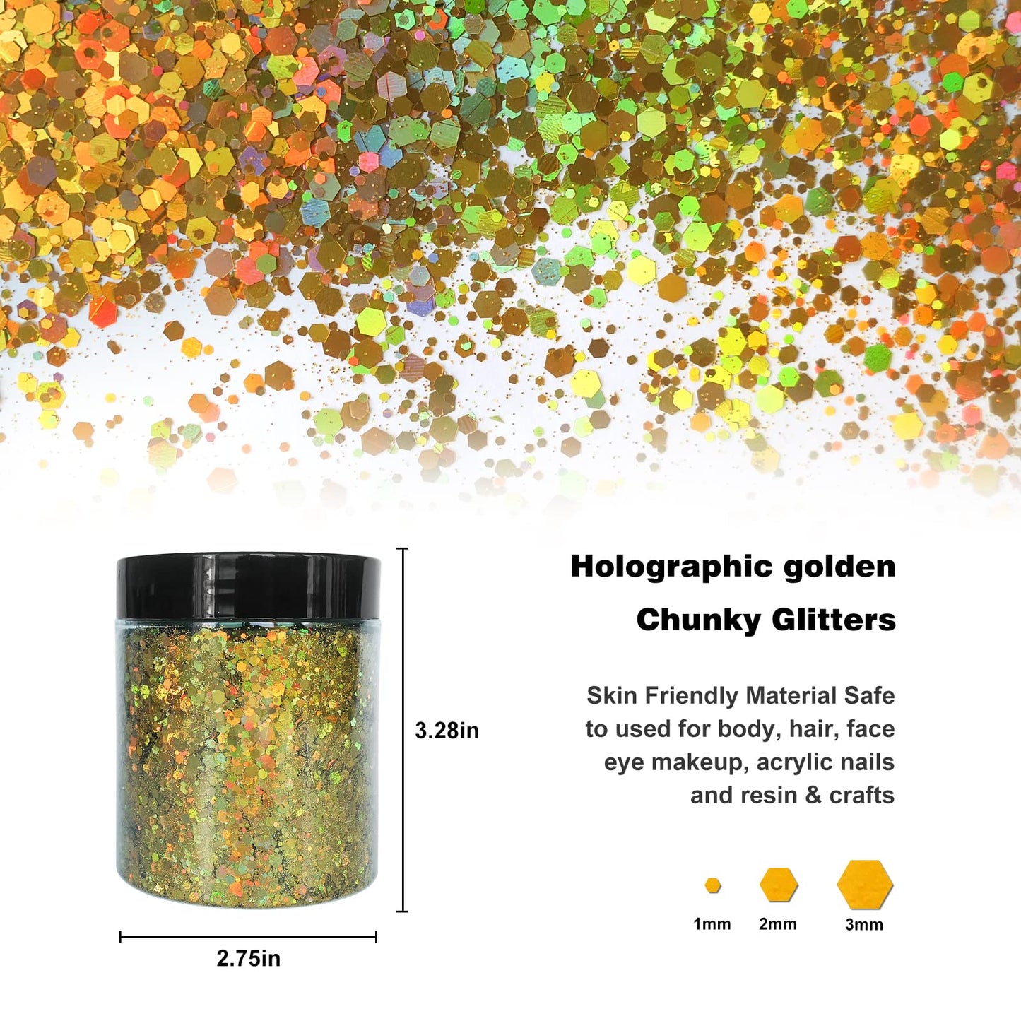 LuckForever 150g Holographic Gold Chunky Glitter Flakes Mixed Size Hexagon Shape Nail Glitters Confetti Craft Sequins Manicure Sticker Accessories for Resin/Crafts/Nails/Body/Makeup