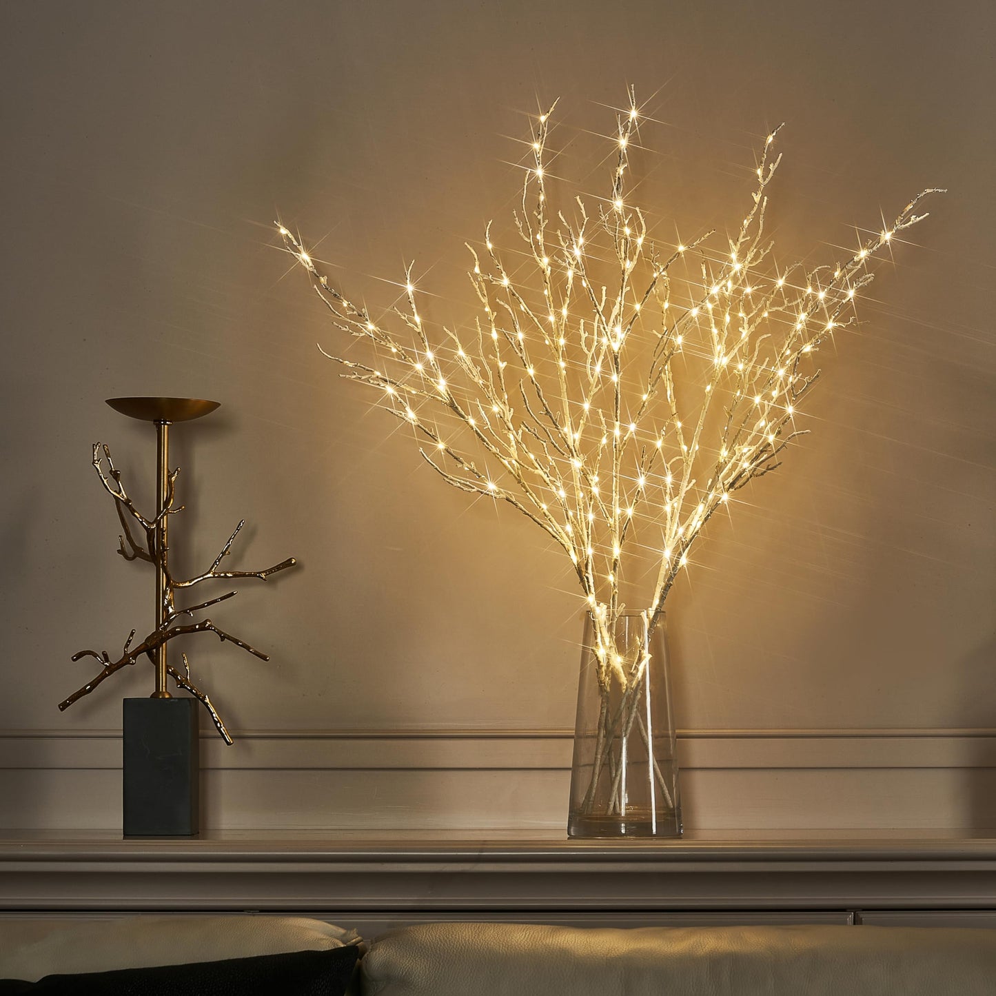 BAOLITVINE Lighted White Twig Branches 32IN 200 Warm White Fairy Lights, Lighted Willow Branches Plug in with Timer, Dimmer for Home Bedroom Fireplace Christmas Decoration Inside Outdoor