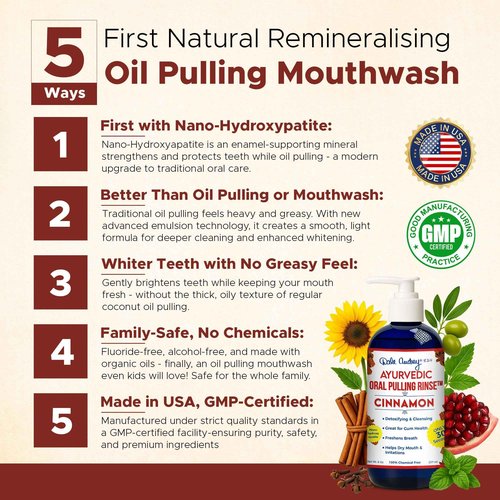 Dale Audrey Ayurvedic Nano Hydroxyapatite Oil Pulling for Teeth and Gums | Cinnamon Flavored Organic Oral Rinse Mouthwash for Bad Breath | Essential Oils for Teeth Whitening & Fresh Breath | (8 oz)