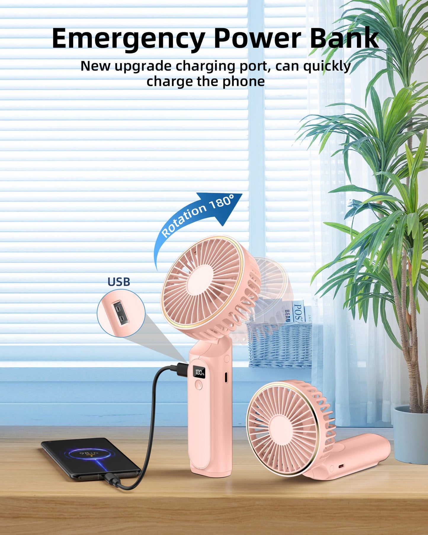 TUNISE Portable Handheld Fan, Portable Fan Rechargeable, 4000mAh, 180° Adjustable, 6 Speed Wind, Display Electricity in Real Time, USB Rechargeable Foldable Fan, Quiet Personal Fan with Power Bank