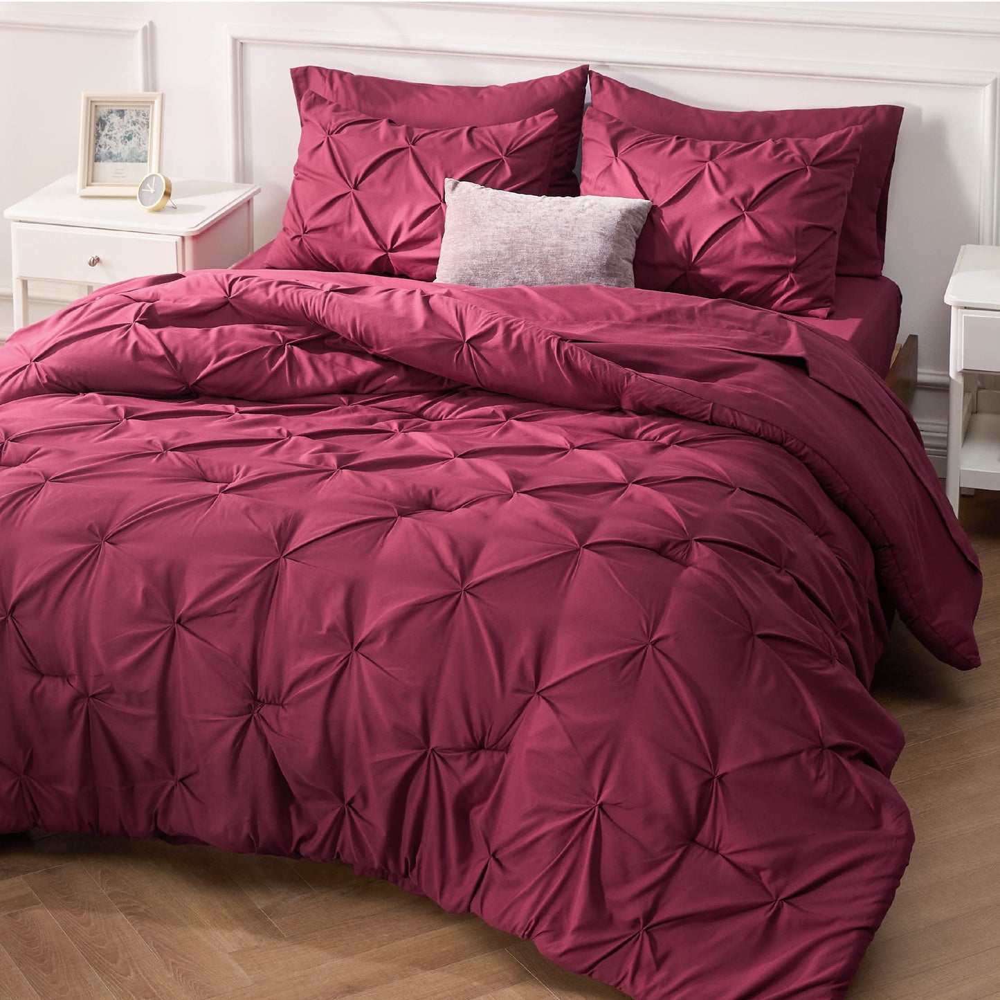 Bedsure Twin/Twin XL Comforter Set with Sheets - 5 Pieces Twin Bedding Sets, Pinch Pleat Burgundy Twin Bed in a Bag with Comforter, Sheets, Pillowcase & Sham