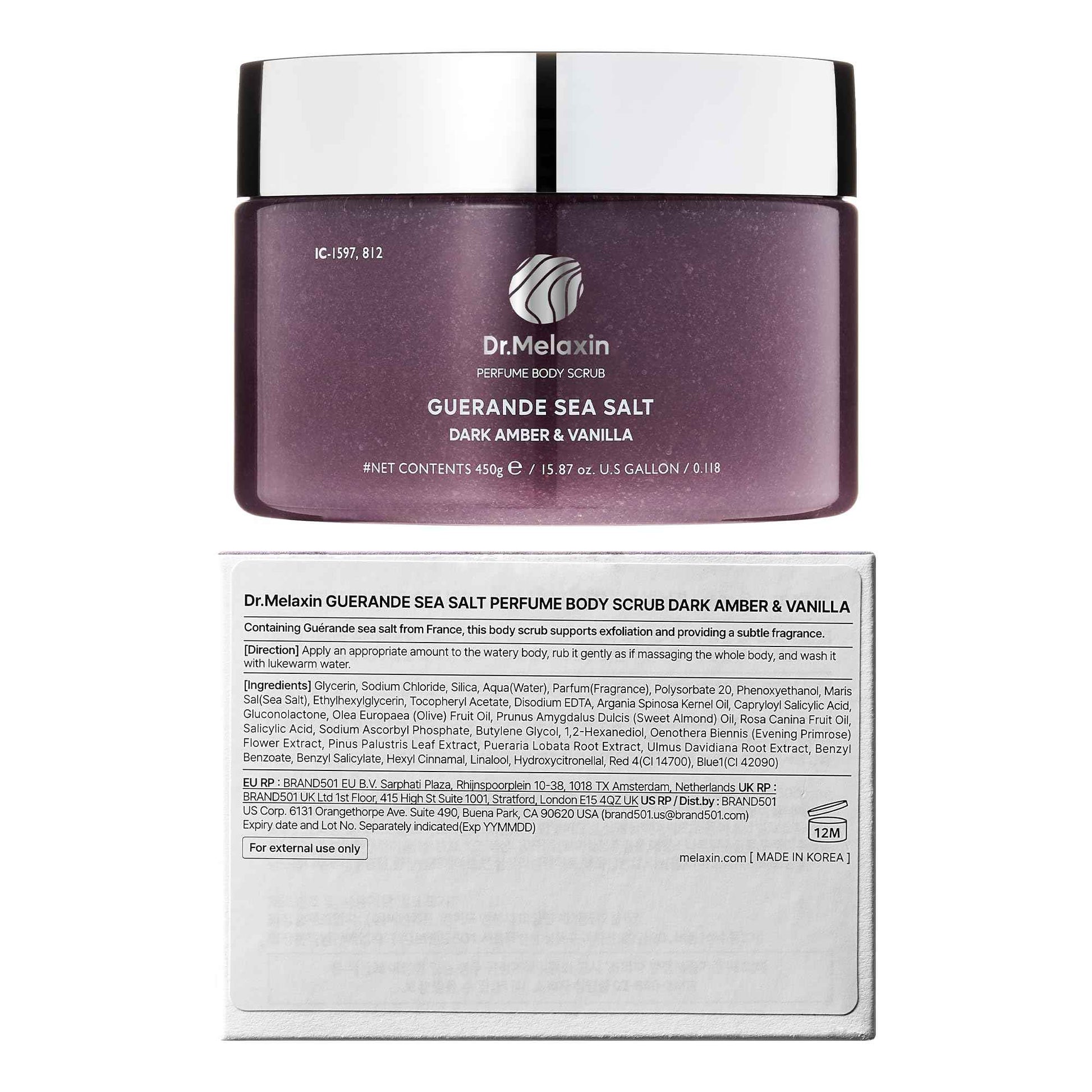 Dr.Melaxin Guerande Sea Salt Perfume Exfoliating Body Scrub for Smooth Skin Body, Amber & Vanilla Scent