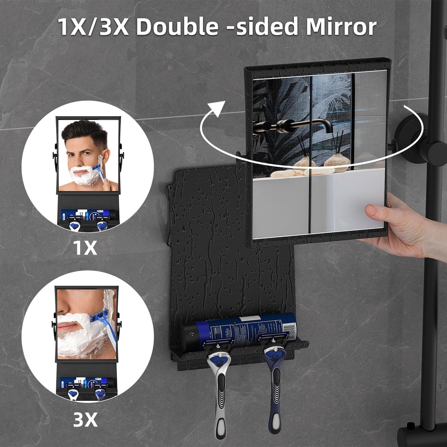 Shower Mirror fogless for Shaving - Dual-Sided 1X/3X Magnification, Anti-Fog Bathroom Mirror with Squeegee, Rust-Proof, Black