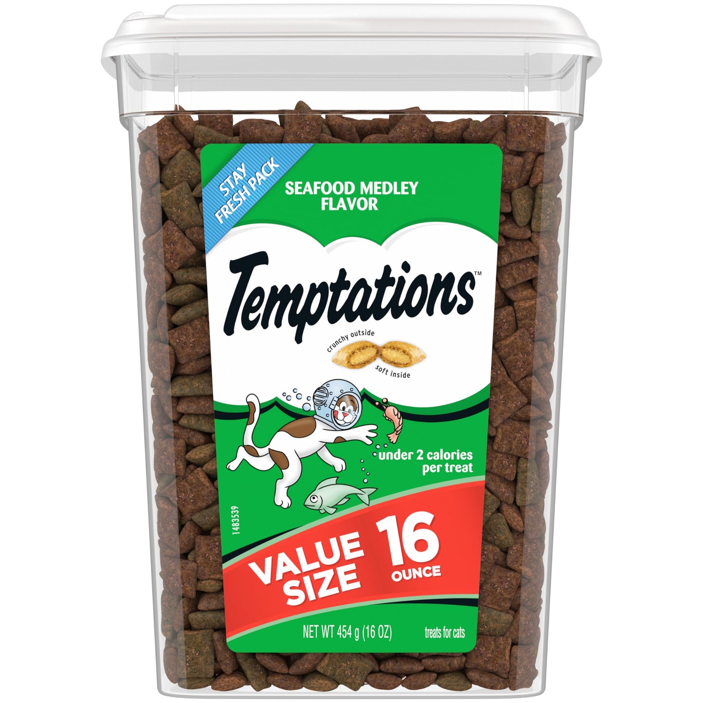 TEMPTATIONS Classic Crunchy and Soft Cat Treats Seafood Medley Flavor, 16 oz. Tub