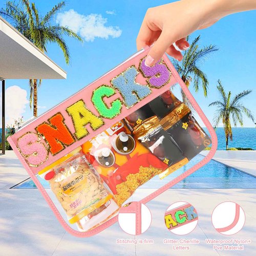 BCRMPT Chenille Letter Bag Clear Flat Pouch,Multi-purpose PVC&Nylon Clear Cosmetic Bags,Travel Makeup Bag With Zipper For Women,Clear Pouches for Travel,Gym,Beach (Pink-Snacks)