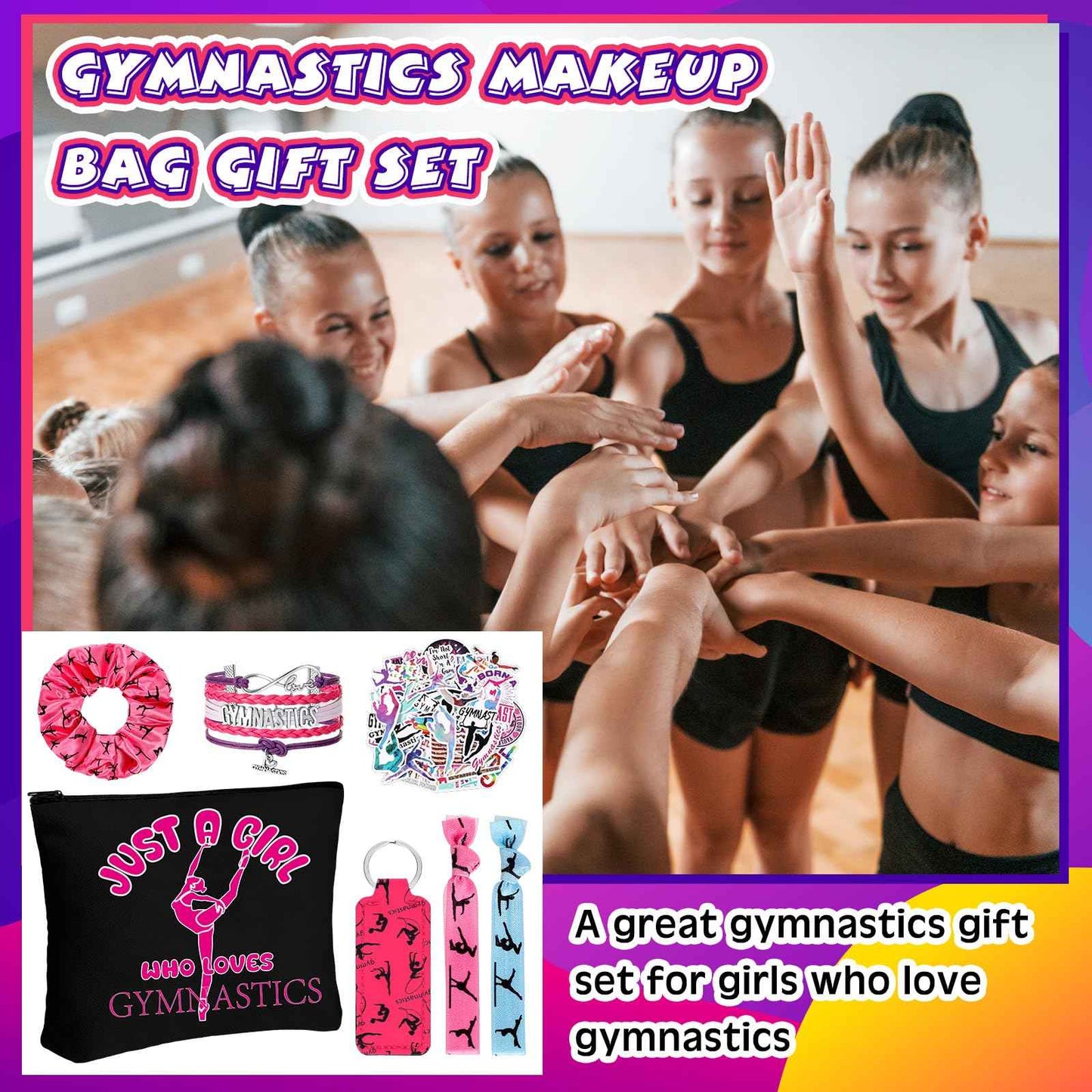 Seenelling 56 Pcs Gymnastics Stuff Inspirational Gifts for Players Teams Cosmetic Bag Women Hair Ties Sport Lovers Gifts for Birthday Sport Party Favors (Just a Girl)