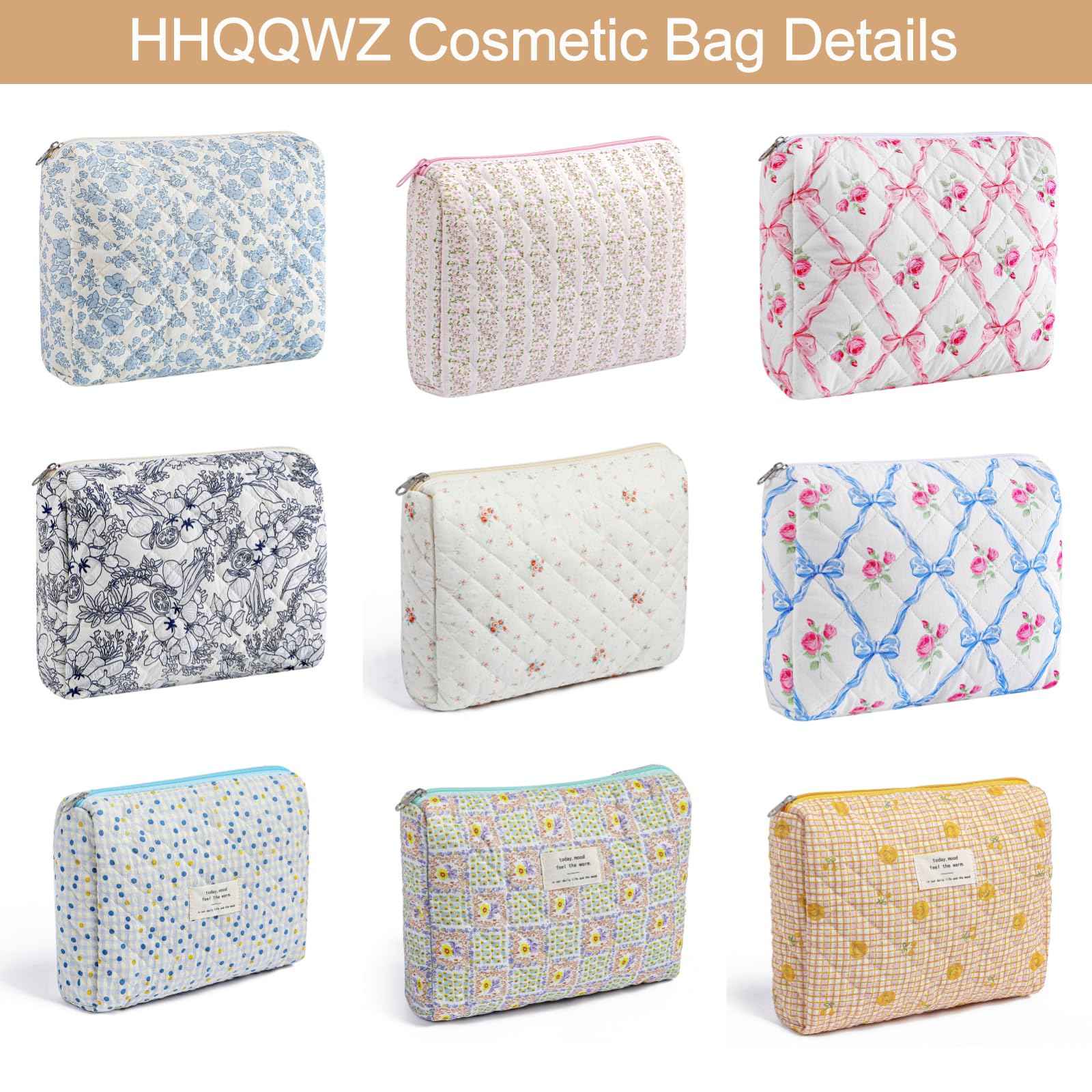 HHQQWZ Large Travel Makeup Bag Cosmetic Bag for Women Girls, Cute Large Floral Cotton Cosmetic Bag, Zipper Toiletry Bag Makeup Brushes Accessories Organizer Storage Bag (Pink Floral)