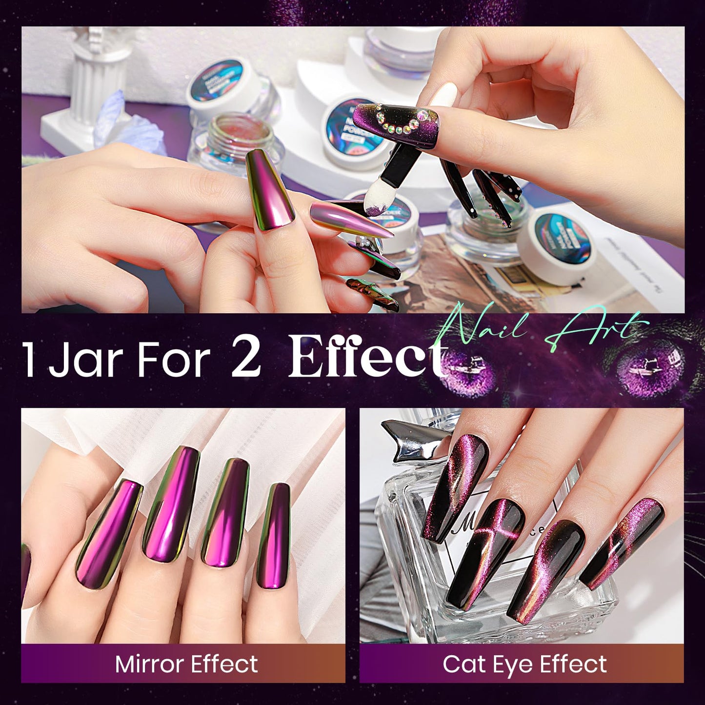 MIZHSE 9D Cat Eye Chrome Nail Powder Mirror Effect Purple Magnetic Glitter Pigment Powder for Gel Nails Chameleon Cateye Magic Galaxy Nail Art Powder with Magnet