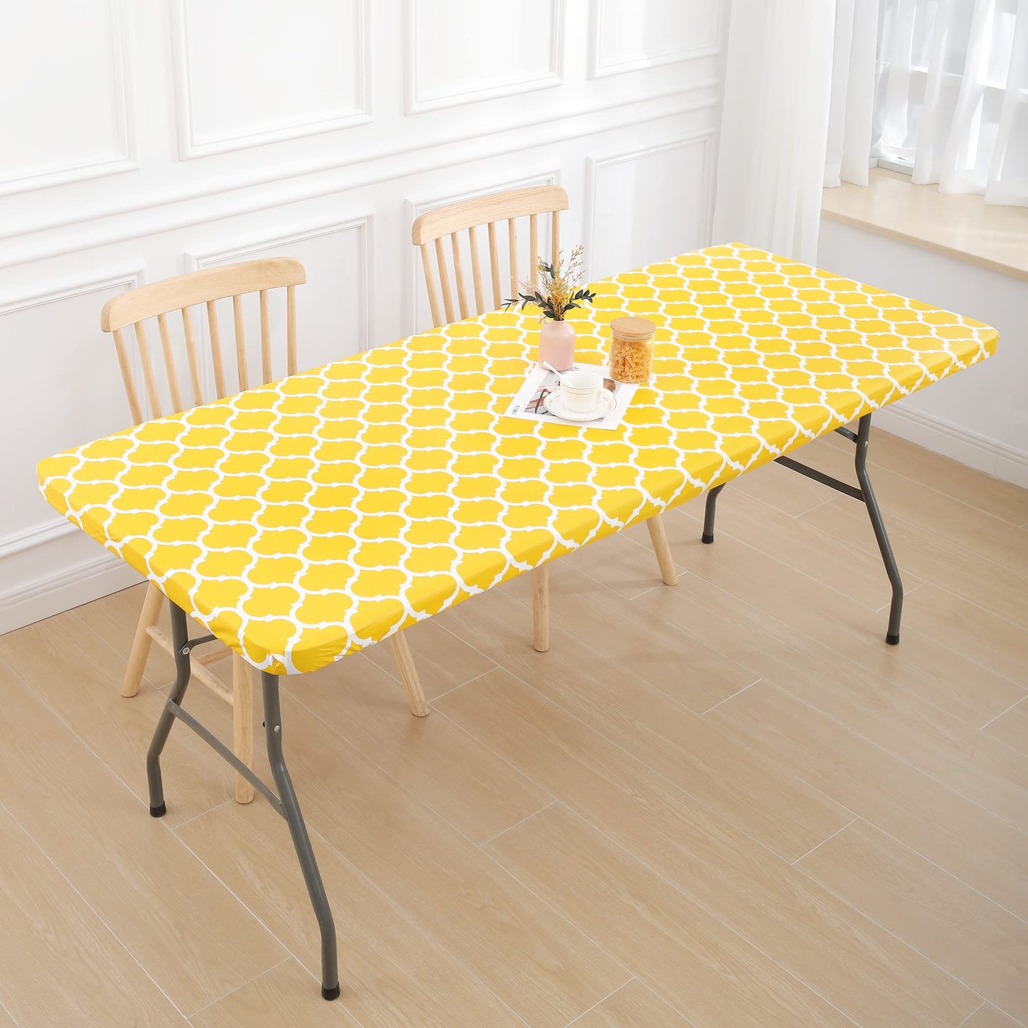 smiry Rectangle Picnic Tablecloth, Waterproof Elastic Fitted Table Covers for 4 Foot Tables, Wipeable Flannel Backed Vinyl Tablecloths for Camping, Indoor, Outdoor (Yellow Morocco, 30x48 Inches)