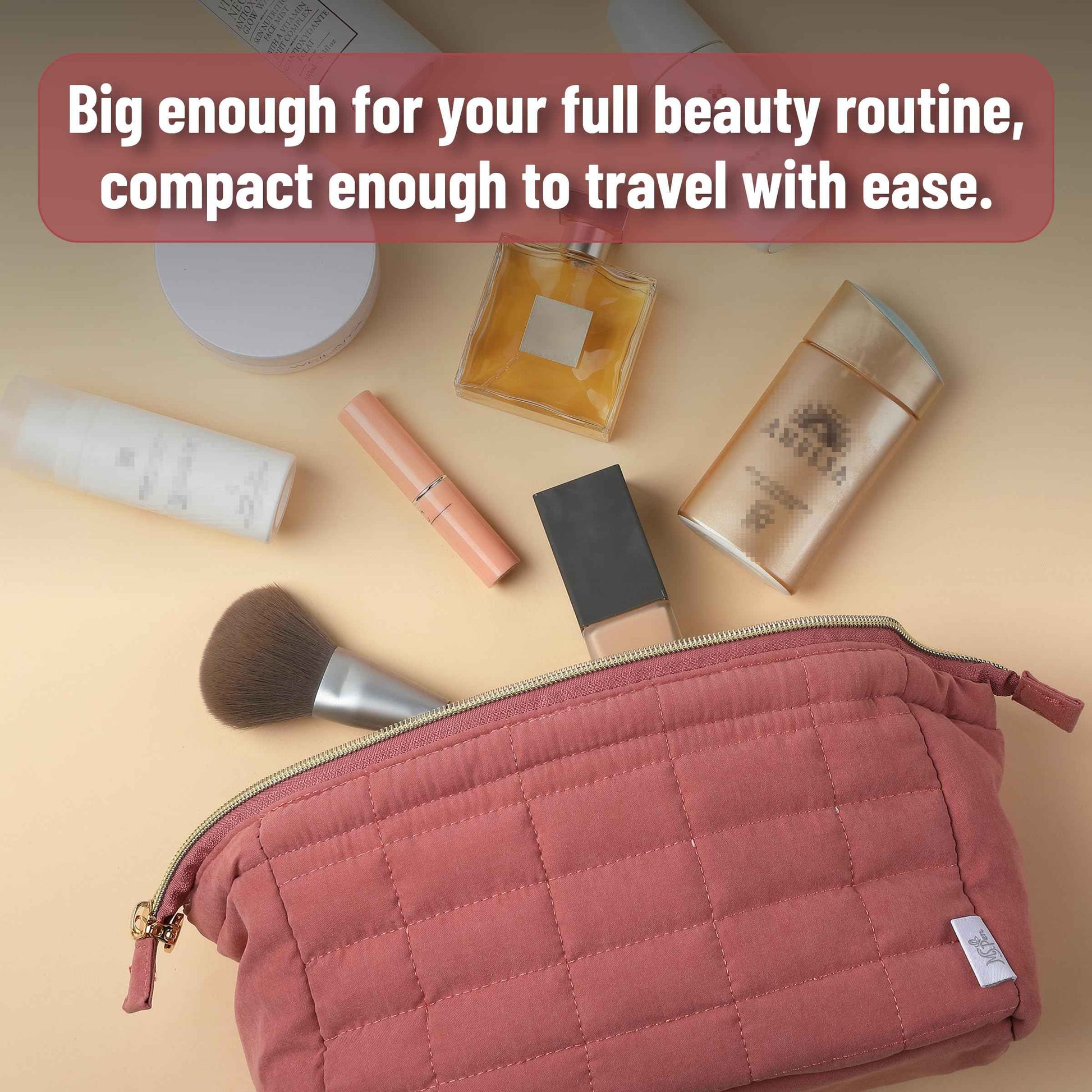 Ms. pen- Aesthetic Quilted Makeup Bag for Women, Muted Rose, Puffy Padded Cute Makeup Bag Cute, Cosmetic Pouch, Quilted Pouch