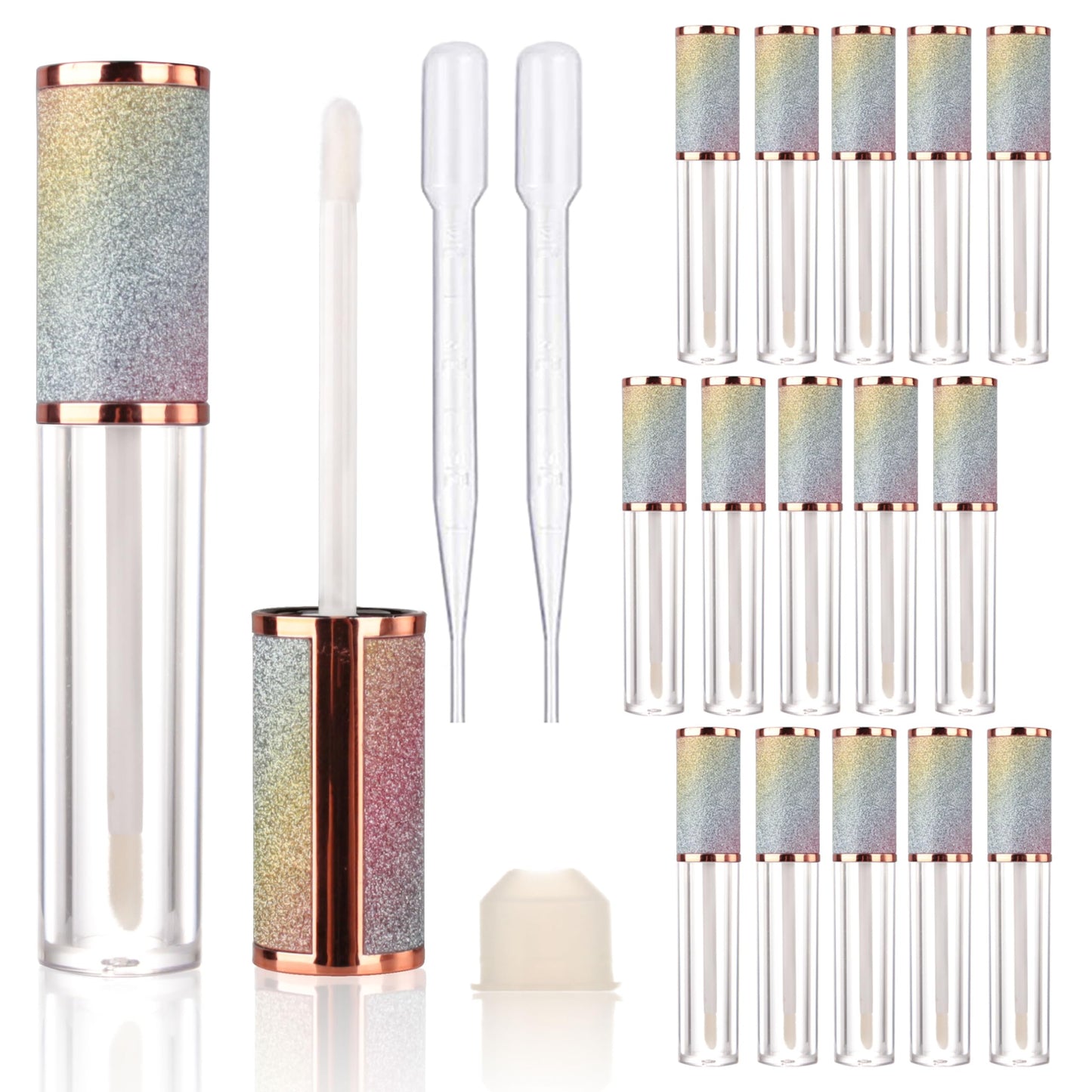 COSIDEA 15pcs Round Empty 5ml 0.17oz lip gloss tubes with wand and rainbow leather cap Lipgloss tube containers for lip oil packing