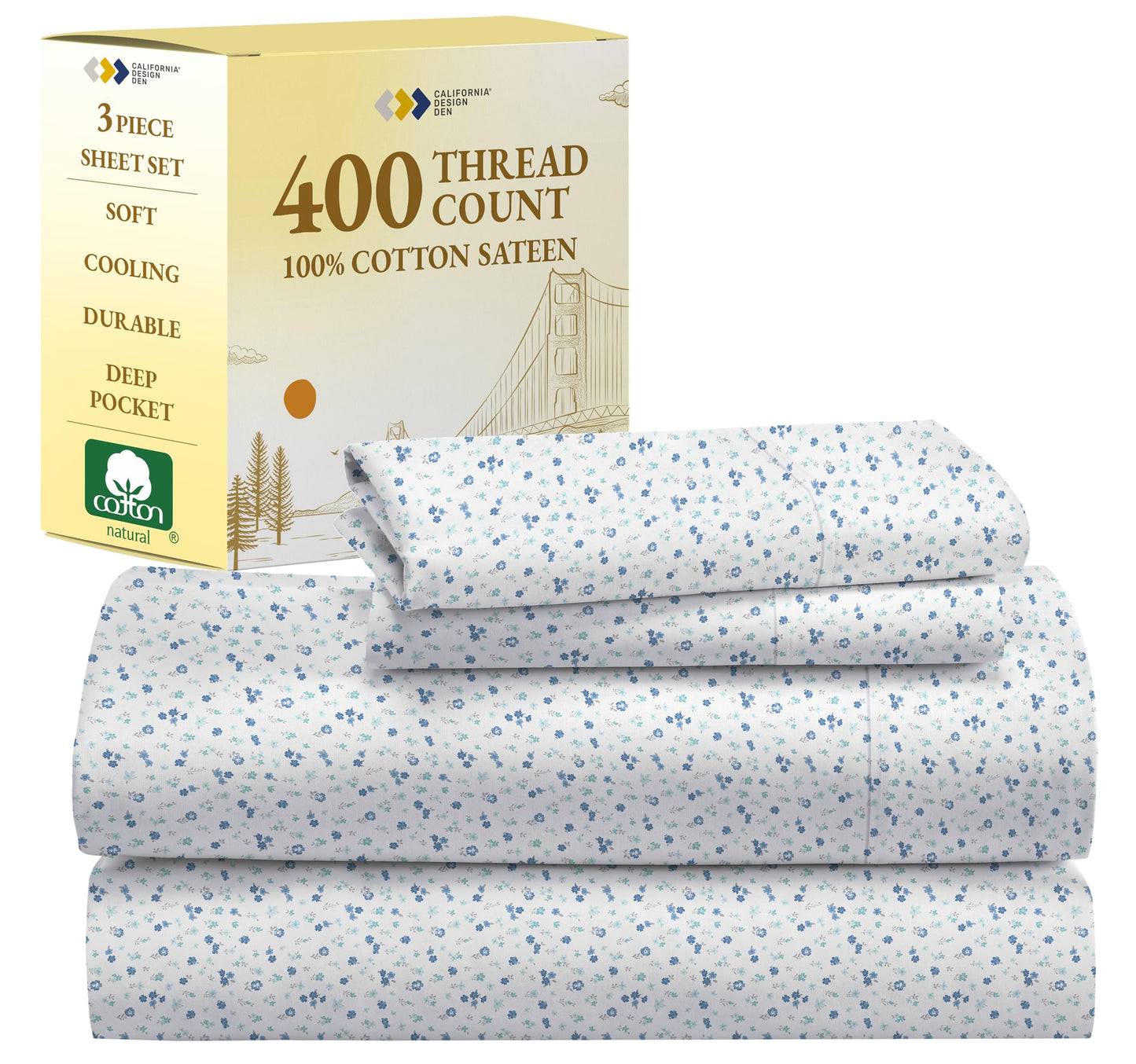 California Design Den Floral Sheets Pattern Twin Sheet Set, Luxury 400 Thread Count 100% Cotton Sheets, (Blooming Meadows)