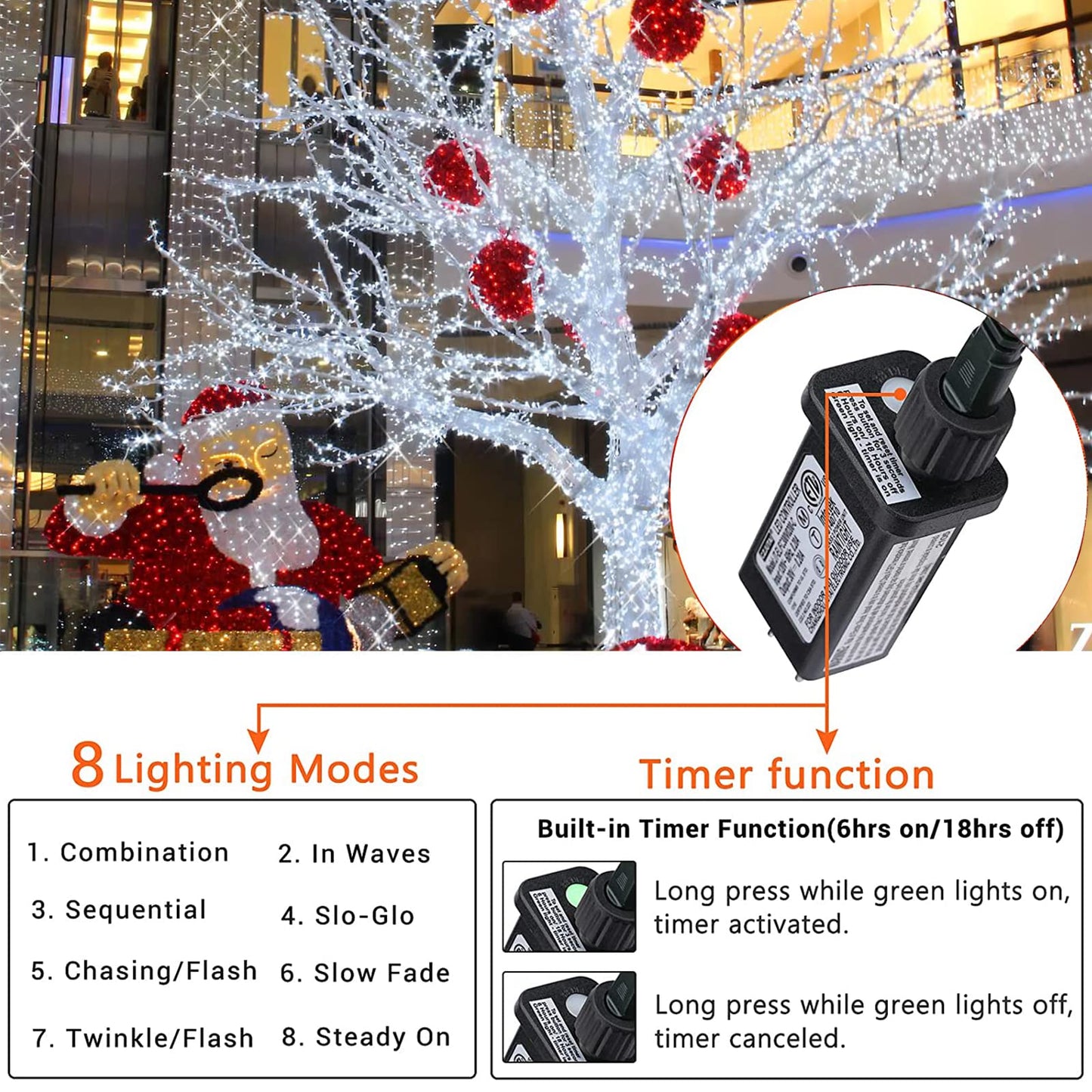 Christmas Lights Cool White, 75 Ft 200 LED Christmas String Lights Connectable, 8 Modes, Timer, Waterproof Fairy Twinkle Lights for Christmas Party, Garden, Patio, Home, Holiday, Xmas Tree Decorations