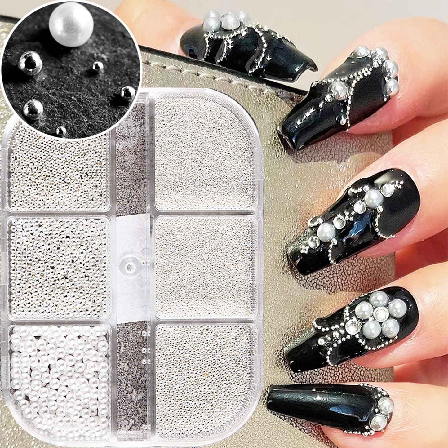 3D Nail Art Steel Pearls Mini Caviar Beads Silver Nail Charm 0.4mm-1.2mm Mini Caviar Metal Steel Beads for Women DIY Nail Art Accessories