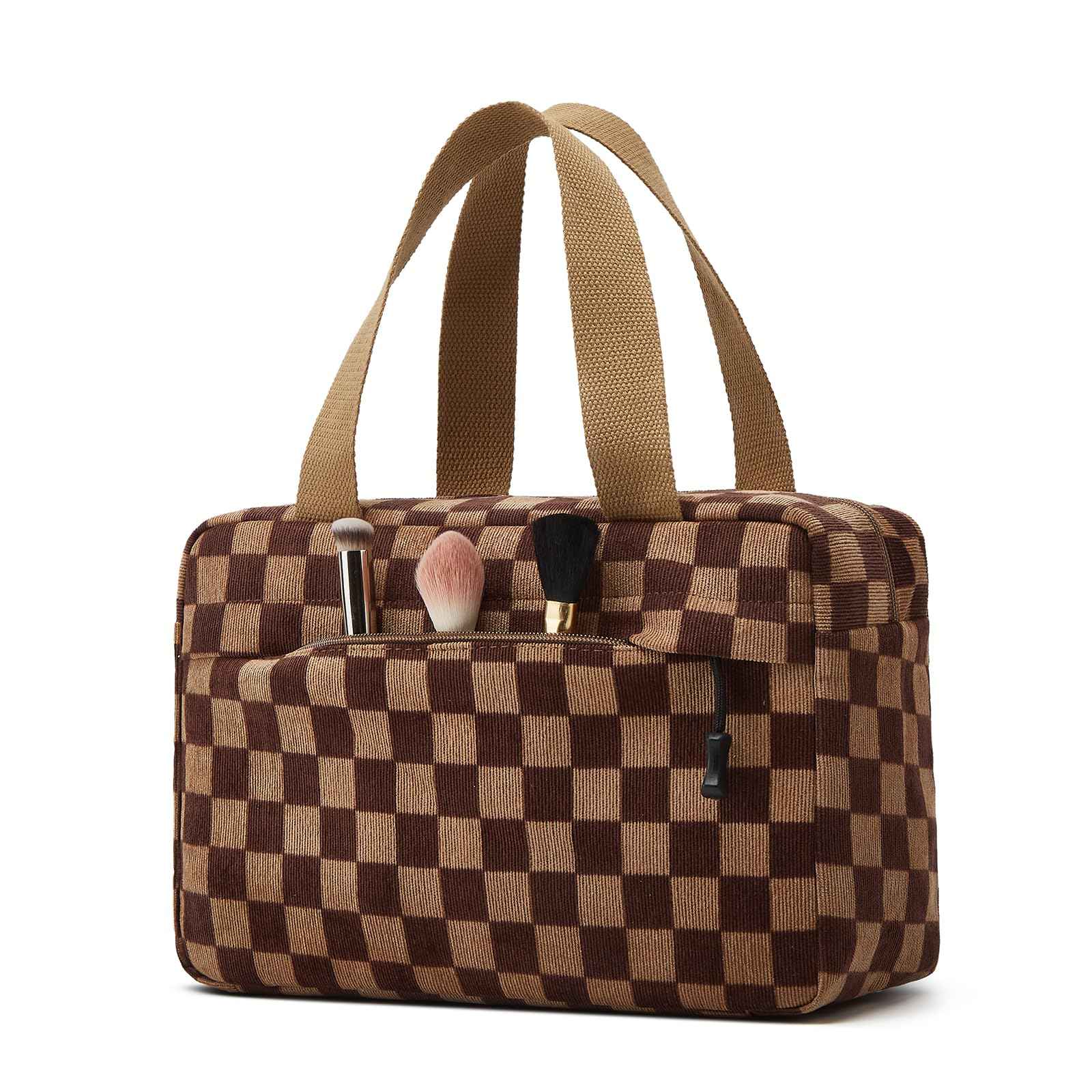 ZOEMTIU Large Makeup Bag for Women Corduroy Cosmetic bag Make up Bags Zipper Pouch with handle Cosmetic Organizer Toiletry Bag for Travel Storage (Checkered Darkbrown)
