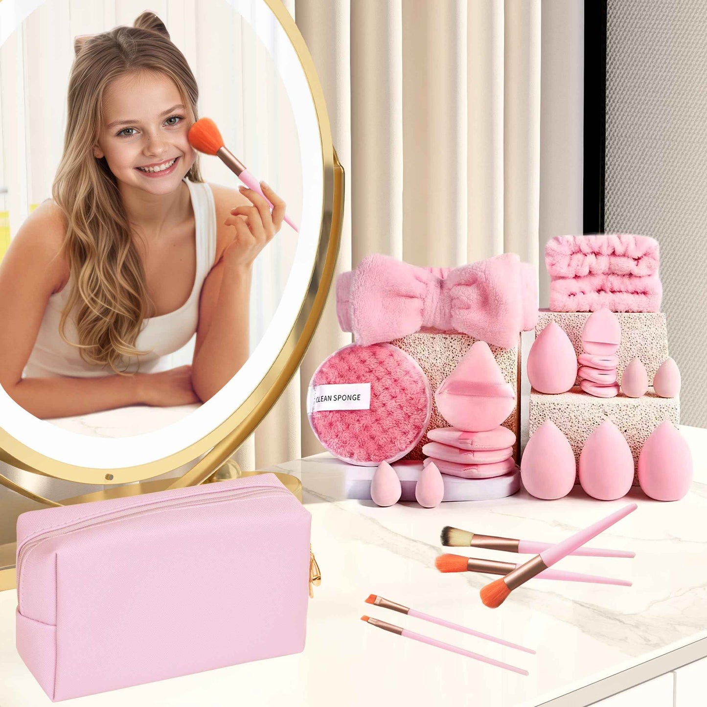 40PCS Trendy Stuff Gifts Set for Teen Girls -Makeup Brushes Set + Blending Sponges + Silk Heatless Curling Set + Jewelry Set & Skincare Headbands | Birthday Gift for Daughter, Niece, Her (Pink)