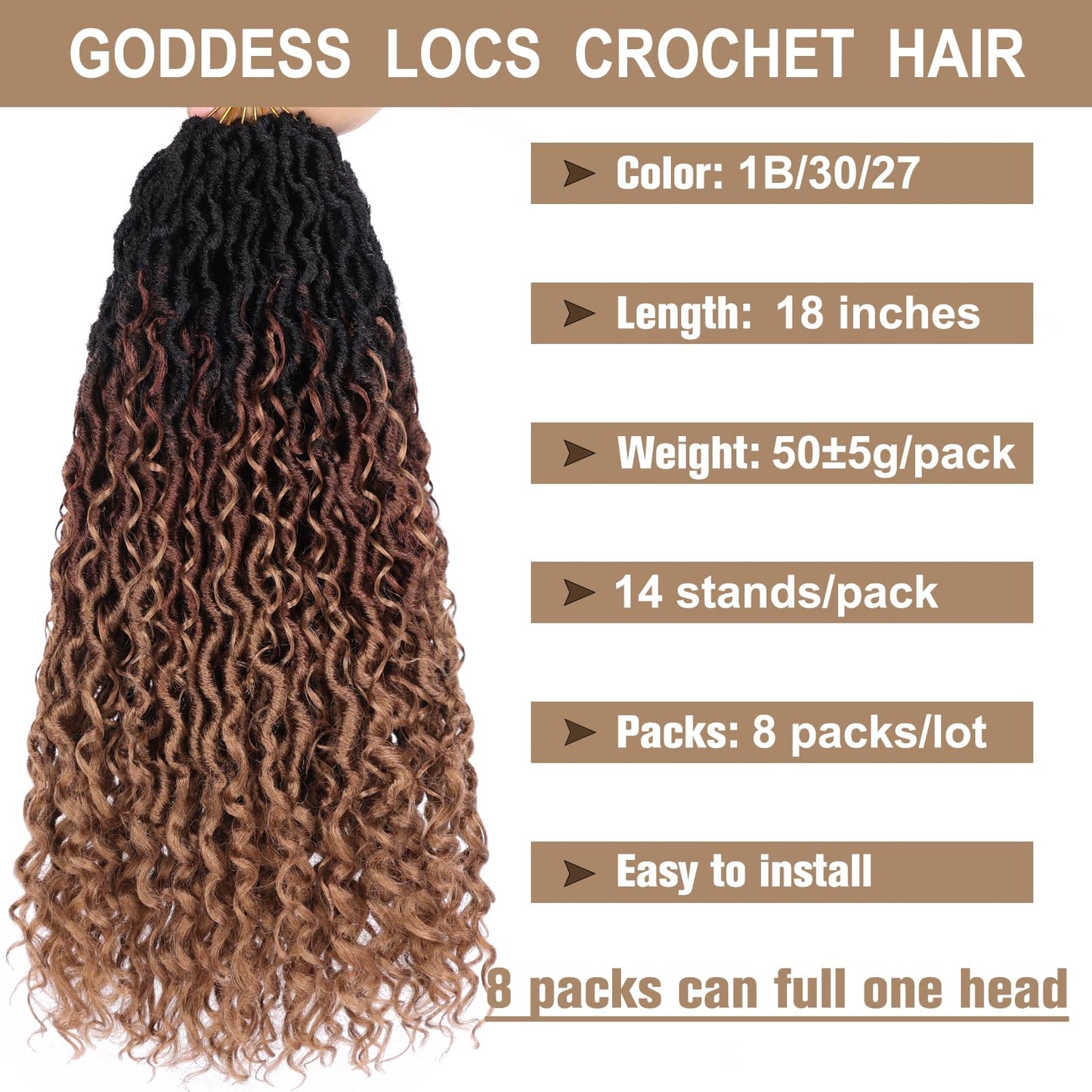 COOKOO 18 Inch New Goddess Locs Crochet Hair 8 Packs Ombre 3 Tones Wavy Faux Locs Synthetic Hair with Curls Pre Looped Curly Crochet Locs for Black Women Boho Hippie Locs Hair Extensions 1B/30/27#