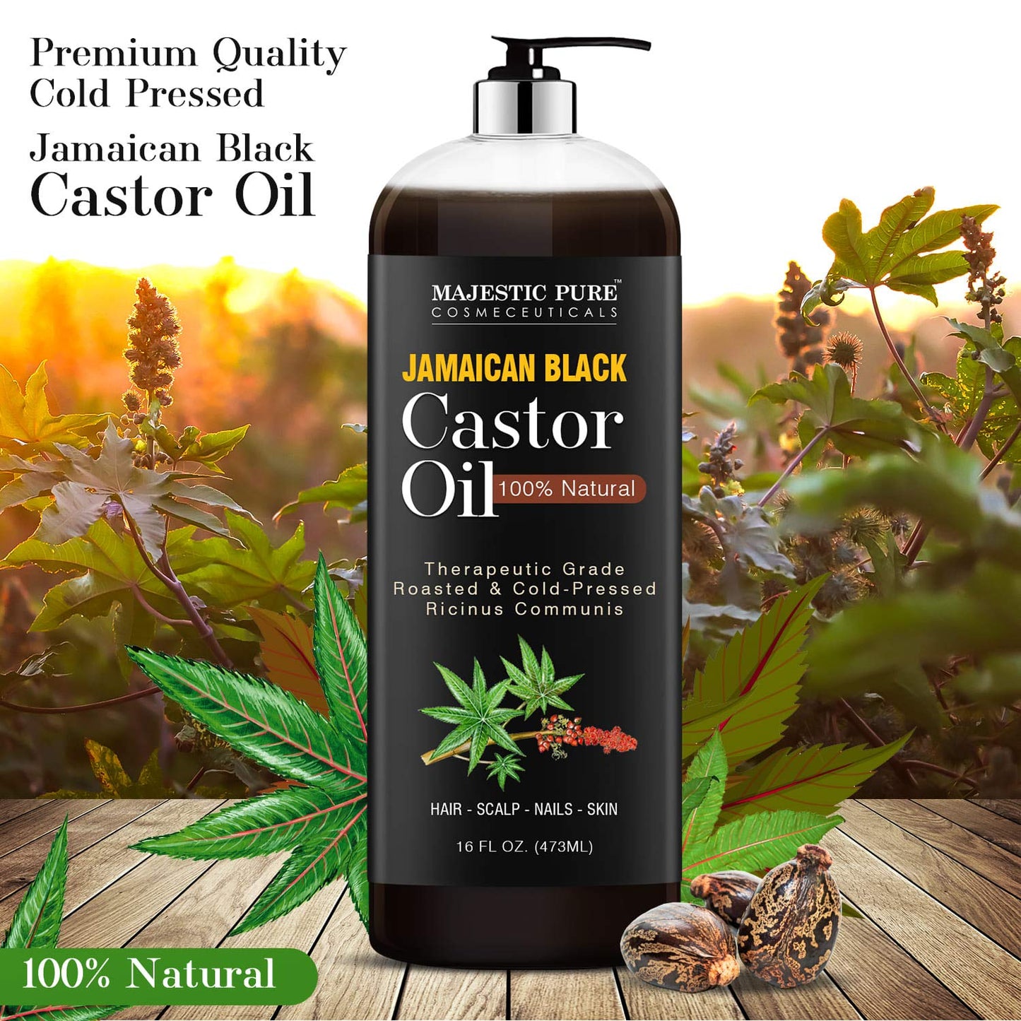 Majestic Pure Jamaican Black Castor Oil for Hair Growth & Natural Skin Care - Roasted & Cold-Pressed - Massage, Scalp, Hair and Nails - 16 fl oz