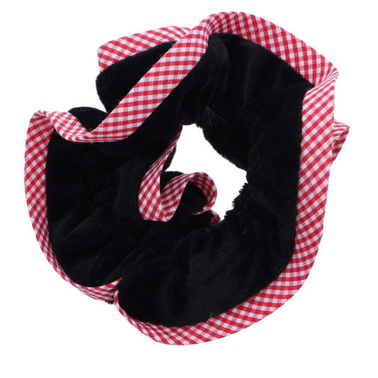 Velvet Hair Scrunchie with Red Checkered Trim