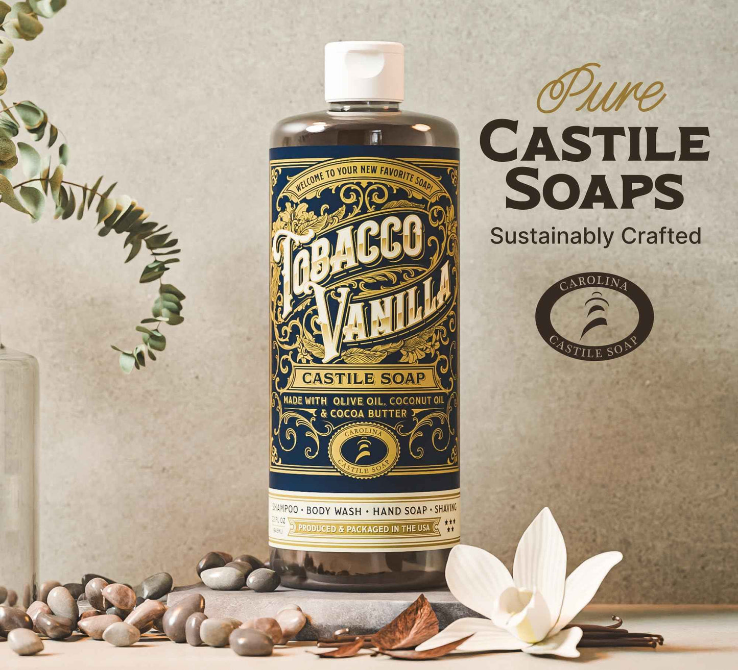 Castile Liquid Body Wash for Sensitive Skin – Natural Shampoo for Men with Olive Oil, Cocoa Butter & Coconut Oil – Tobacco Vanilla by Carolina Castile (Tobacco Vanilla, 32 Fl Oz)