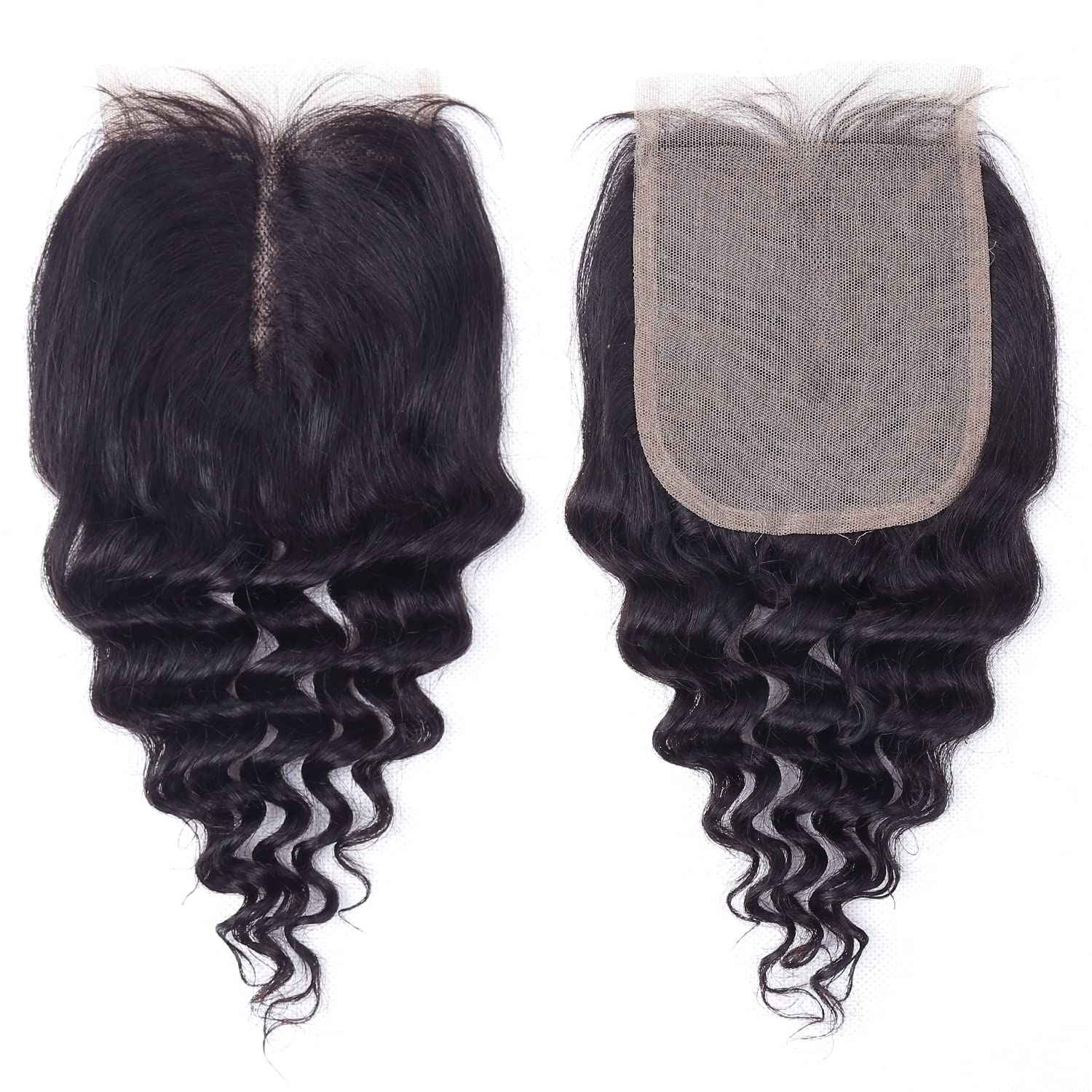 Deep Water Wave Bundles with Closure Brazilian Deep Short Bob Curly Human Hair 4 Bundles with 4x4x1 Middle Part Lace Closure Wet and Wavy 50g(10 10 10 10+10)