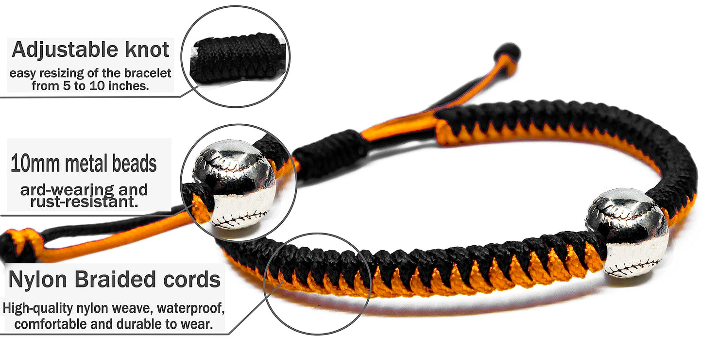 Handmade Braided Bracelets Baseball Gifts for Boys Adjustable Wristbands with Baseball Beads, Inspirational Baseball Bracelets for Girls Teens Adults (Black Orange 2PCS)