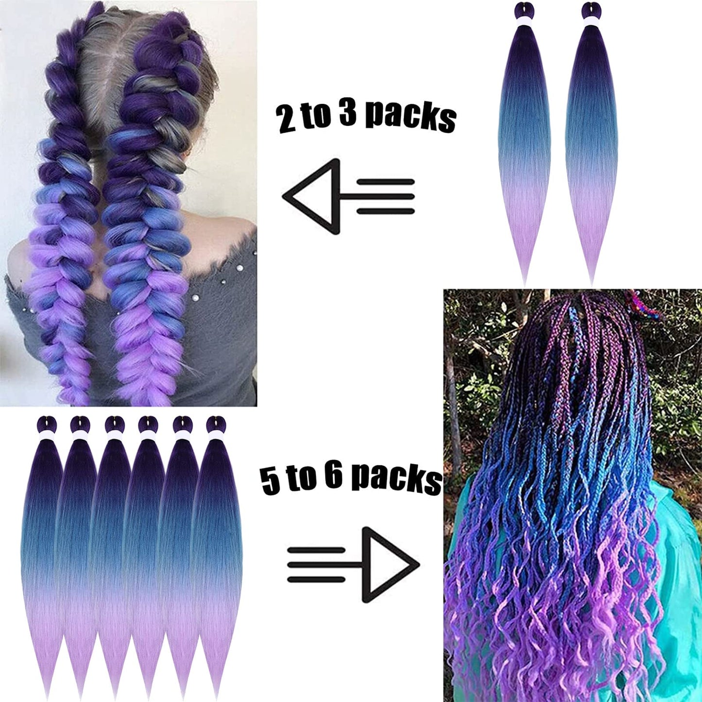 TENGSHUO FLY Pre-Stretched Braiding Hair 26 Inch 3 Packs Hot Water Setting Synthetic Hair Crochet Braiding Hair Extension (26 Inch (Pack of 3), Purple to Lake Blue to Light Purple)