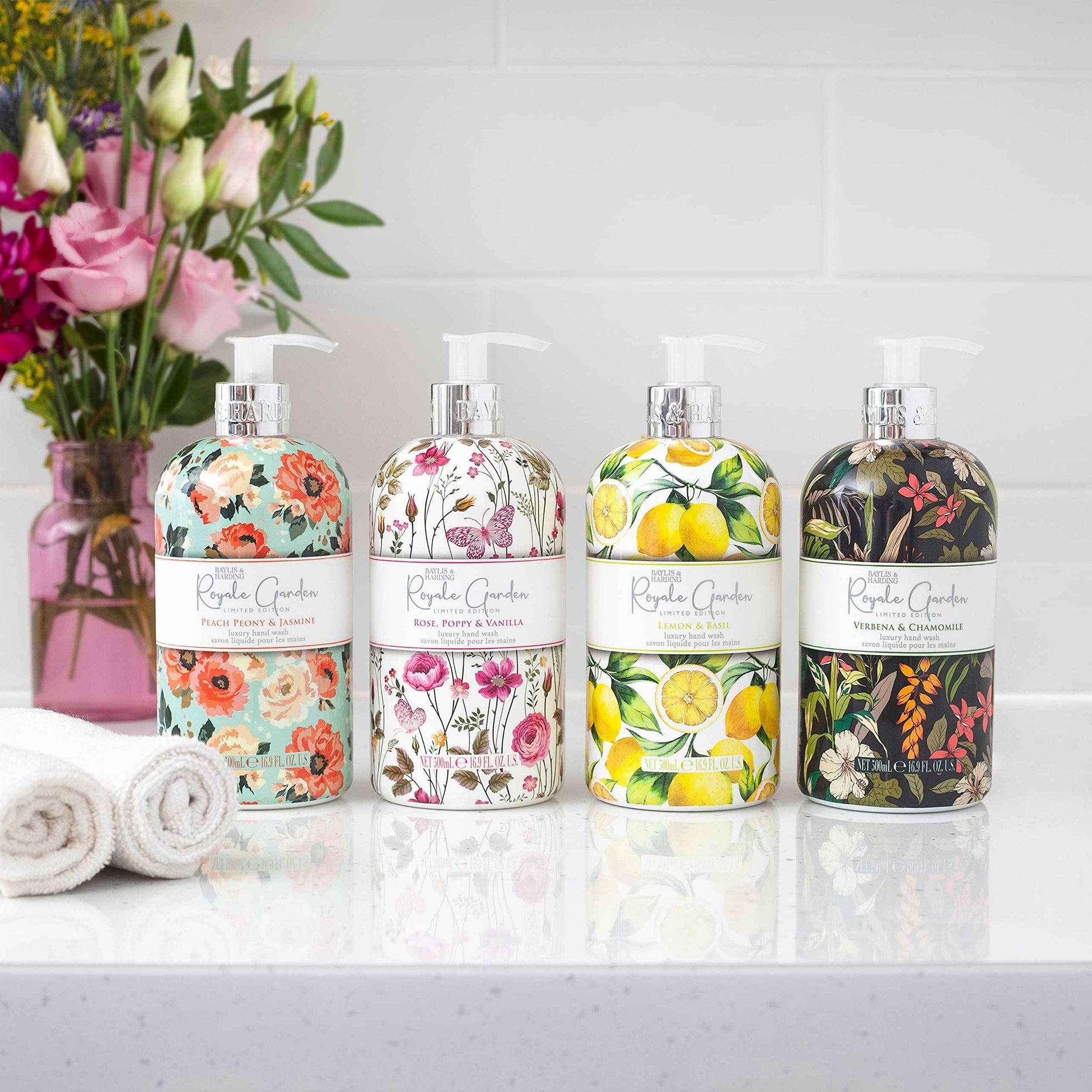 Baylis & Harding Liquid Hand Soap Wash with Dispenser, Royale Garden, Rose, Poppy & Vanilla, 16.9oz/500ml (6-Pack)