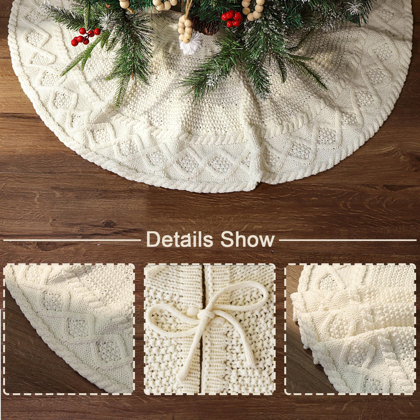 LimBridge Knitted Christmas Tree Skirt: 36 Inches Cream White Tree Skirt, Diamond Edge Cable Knit Thick Rustic Christmas Tree Decorations, Christmas Decor Xmas Holiday Home Party Decorations