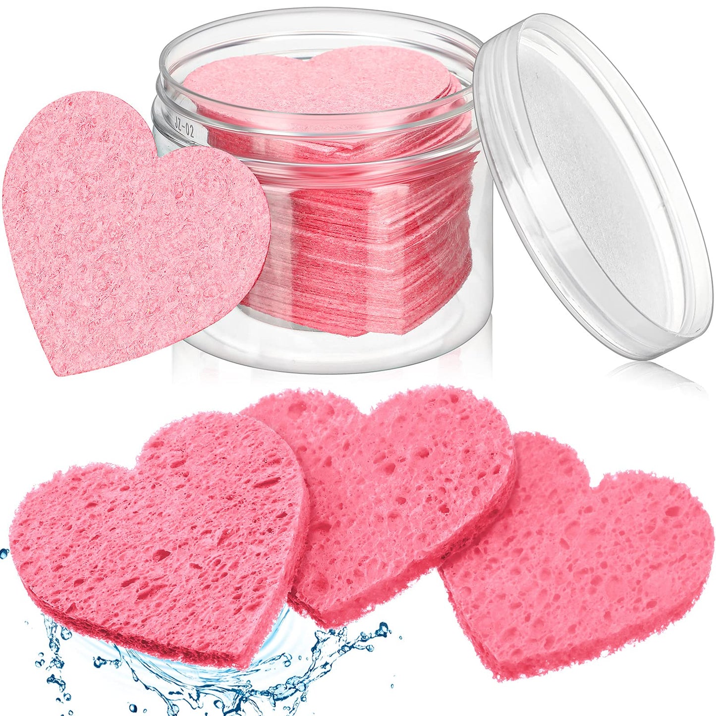 60 Pieces Facial Sponges with Container, Heart Shape Compressed Face Sponge Natural Sponge Pads for Washing Face Cleansing Exfoliating Esthetician Makeup Removal (Pink)